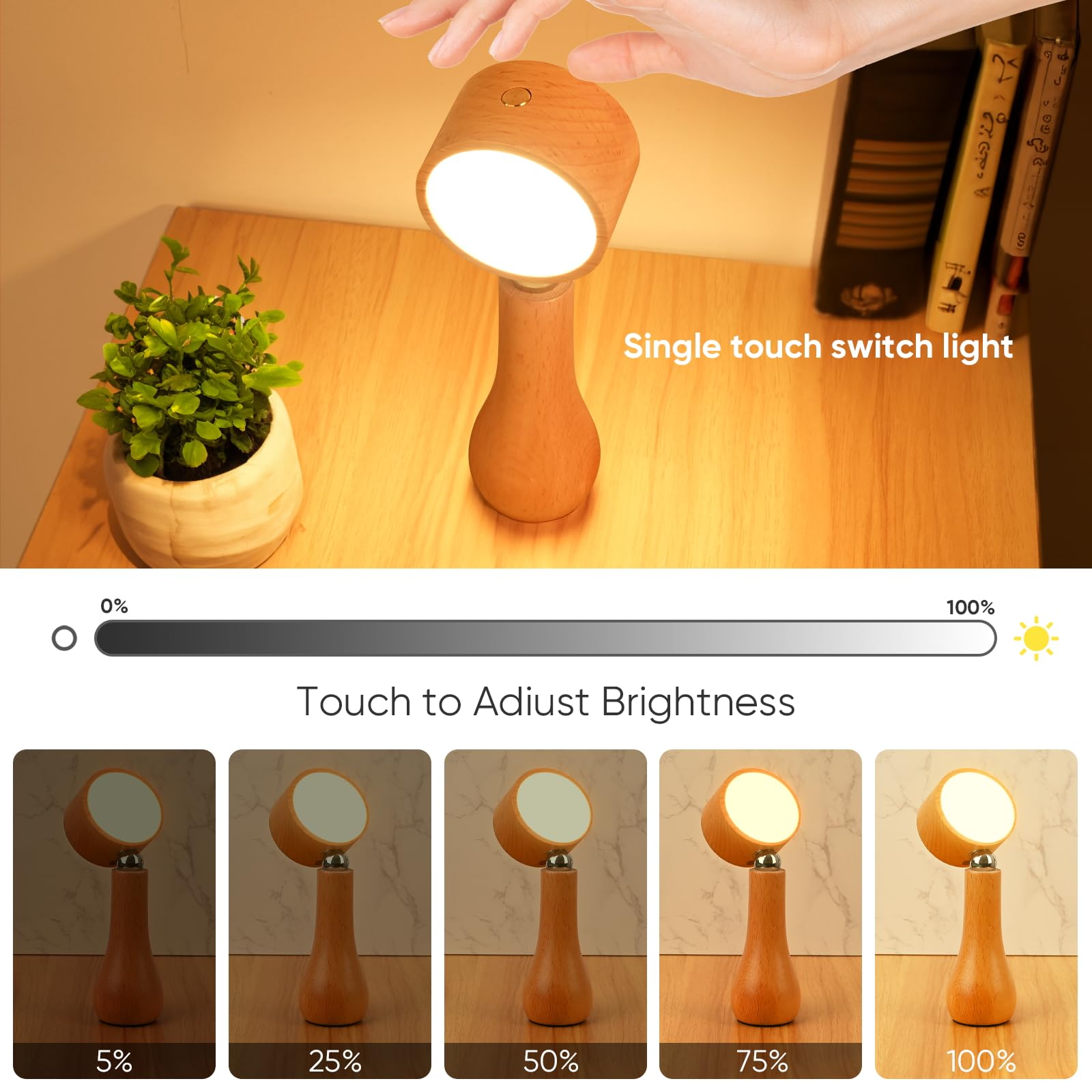 Moroommt Wooden Small Bedside Table Lamp, Portable Touch Switch Cordless Lamp, Rechargeable Battery Operated Desk Lamps For Bedrooms, Stepless Dimming, 360° Rotate Magnetic Ball, Night Light For Birthday