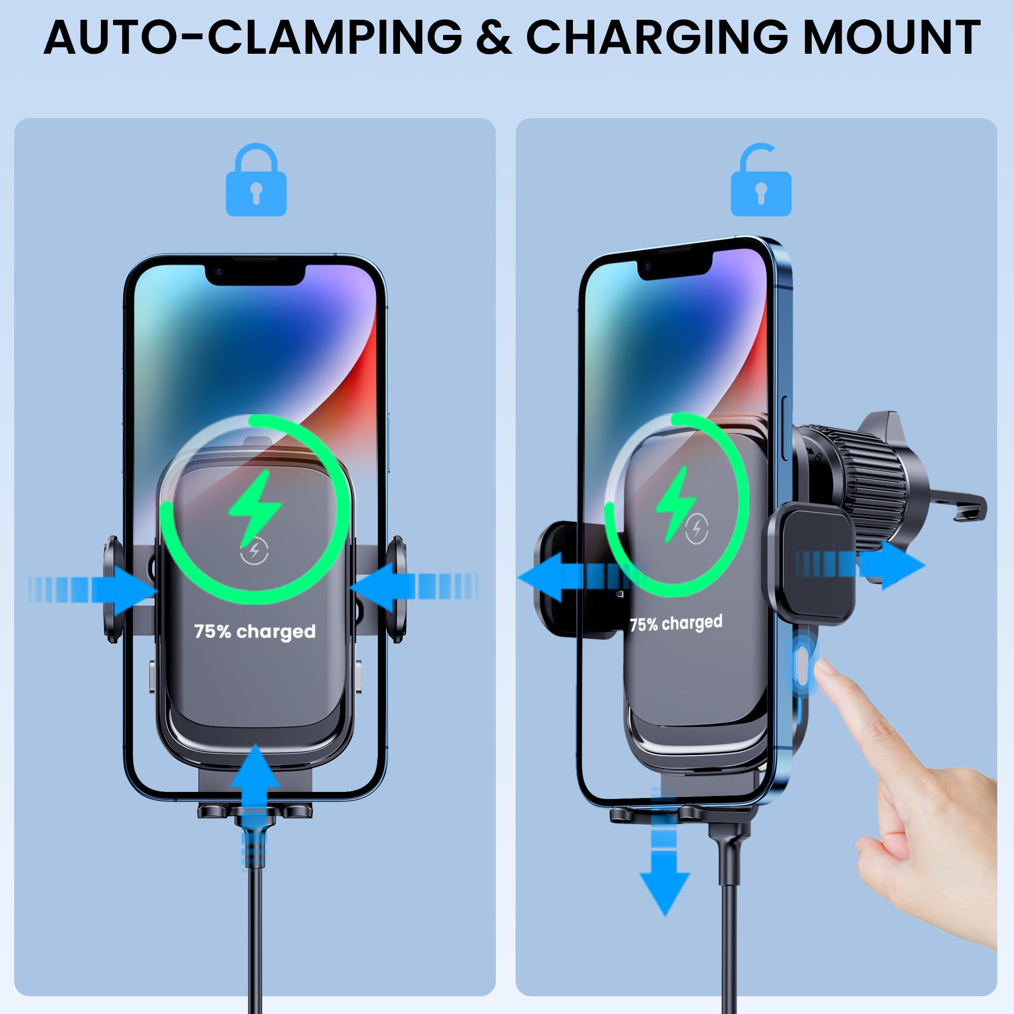 Clamemo Wireless Car Charger, 15W Fast Charging Phone Mount Auto-Clamping Phone Holder For Dashboard Air Vent, Car Wireless Charger Mount Fit Iphone 14Pro/13 Pro/12/11/Xr/8, Samsung Galaxy S23/S22/S21
