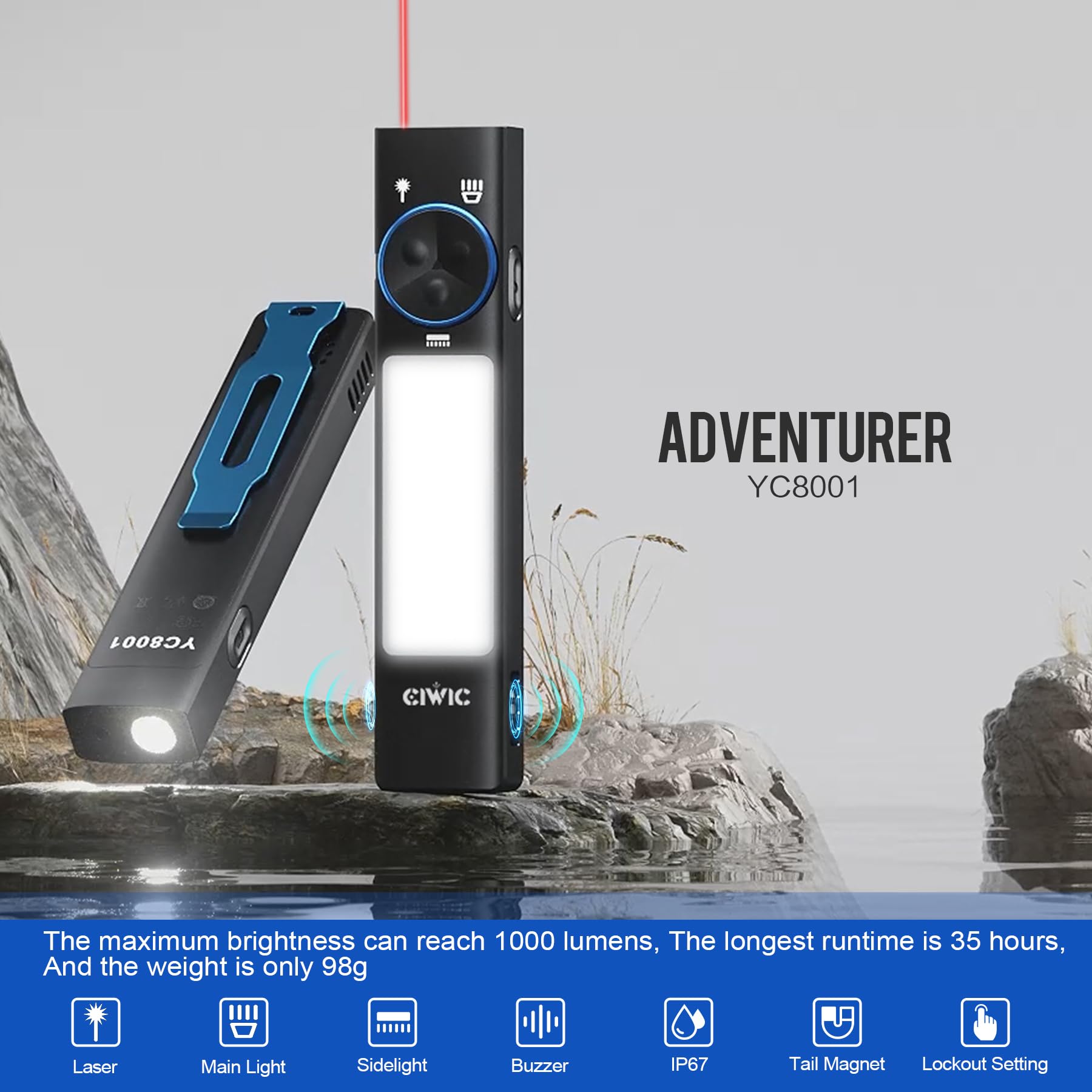 Ciwic 1000Lm Led Flashlight Rechargeable Edc Ip67 Waterproof Flashlight 12 Modes With Magnetic Buzzer 365Nm Uv Light Outdoor Camping Light Multi-Function Utility Flashlight