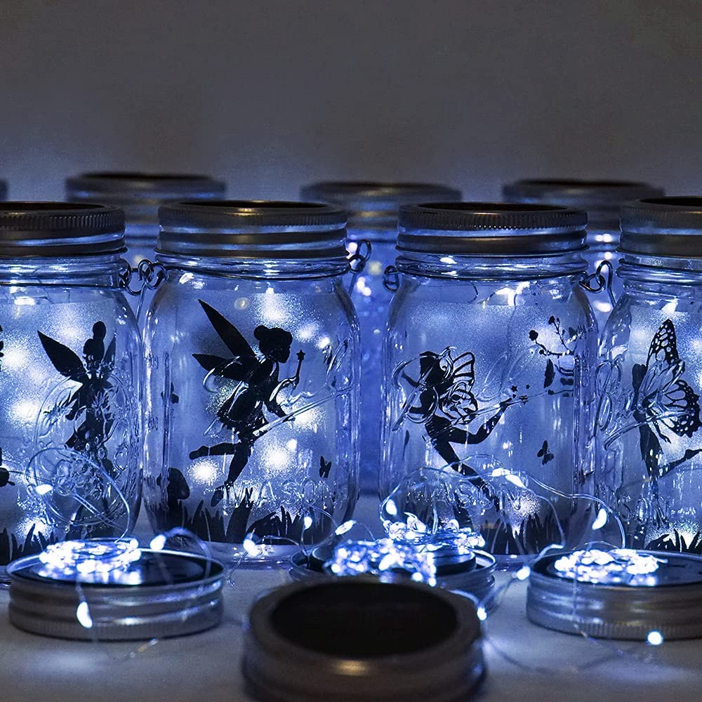 Gonimy Solar Mason Jar String Lights Lid, [d] 9 Pack 20 Led Antirust Waterproof Fairy Firefly Jar Lids Lights With 9 Hangers (Jars Not Included) For Patio Garden Wedding (Cool White)
