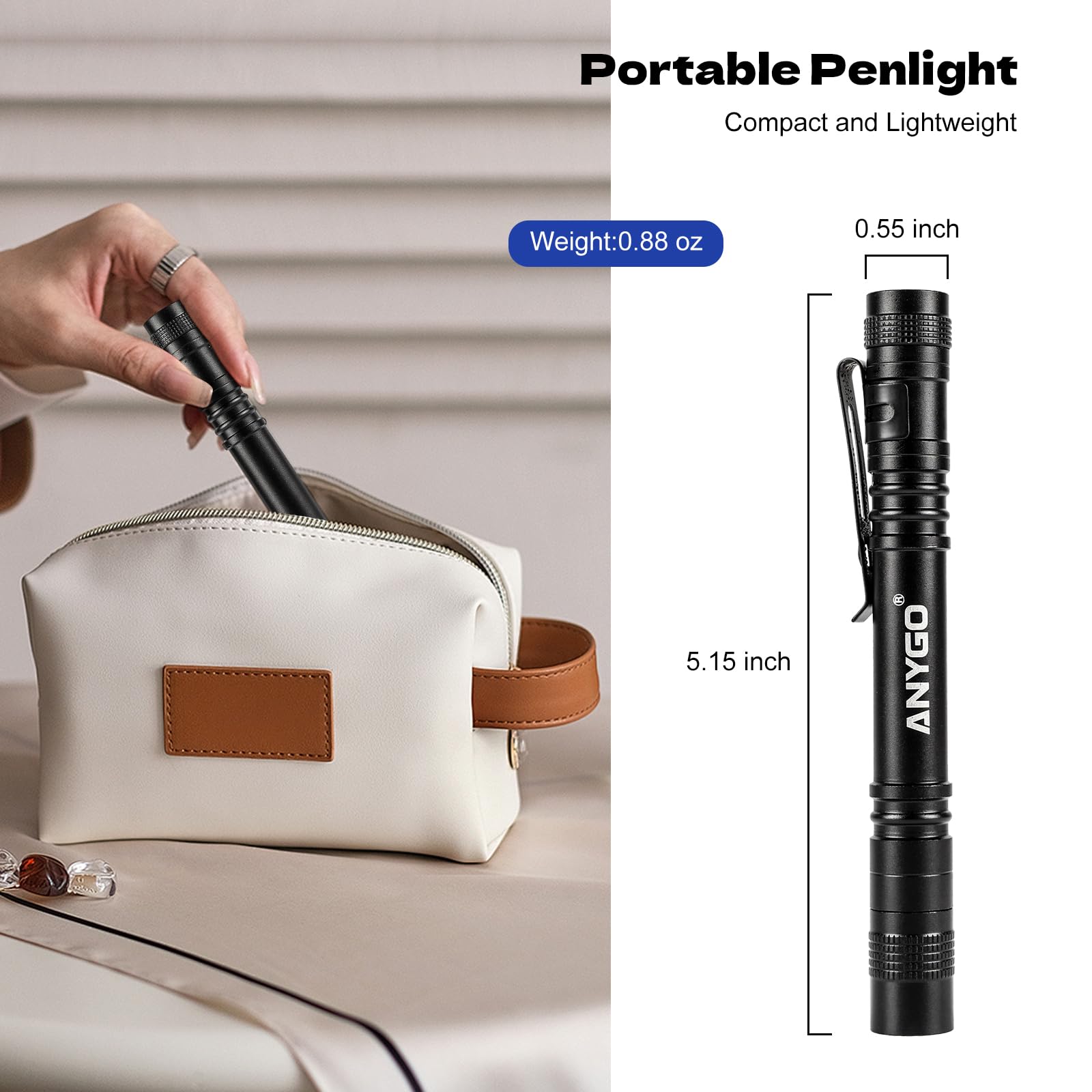 Anygo Pen Flashlights, Lightweight 150 Lumen Pocket Flashlight, Durable Aircraft-Grade Aluminum Pen Light Flashlight，Edc Flashlight & Mini Flashlight For Inspection, Work, Emergency, Batteries Include