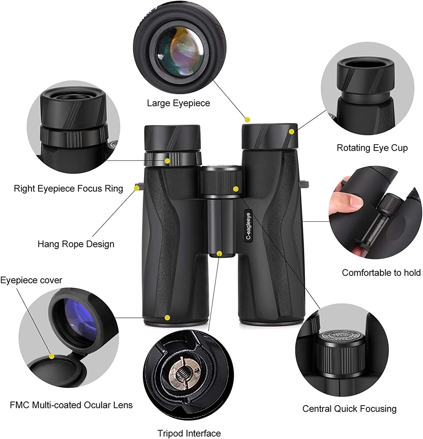 C-Eagleeye Ceagleeye10X42 Binoculars For Adults,Ipx7 Professional Waterproof And Anti-Fog With 23Mm Large Eyepiece Bak4 Lens,Binoculars For Travel Bird Watching Hunting Sports Extra Bag,Strap,Phone Adapter,Black