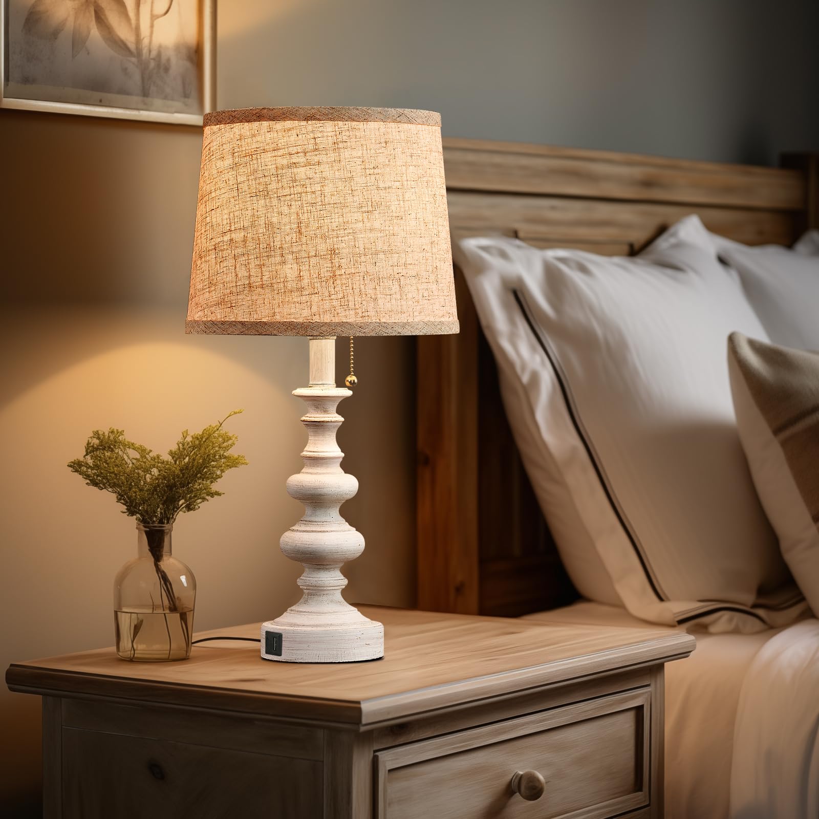 Bowobo 21'' Farmhouse Table Lamps For Bedroom Set Of 2 Rustic Bedside Lamps For Nightstand With Usb A+C Ports White Side Table Lamps For Living Room End Table Office Pull Chain