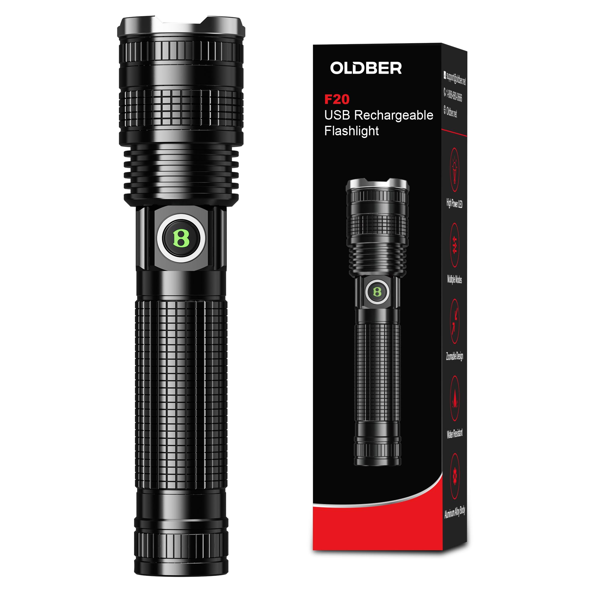 Oldber Rechargeable Led Flashlight High Lumens, Super Bright Waterproof Handheld Torch Flash Lights For Camping Home Emergency Work, Battery Powered Usb-C Portable Flash Light With 5 Modes