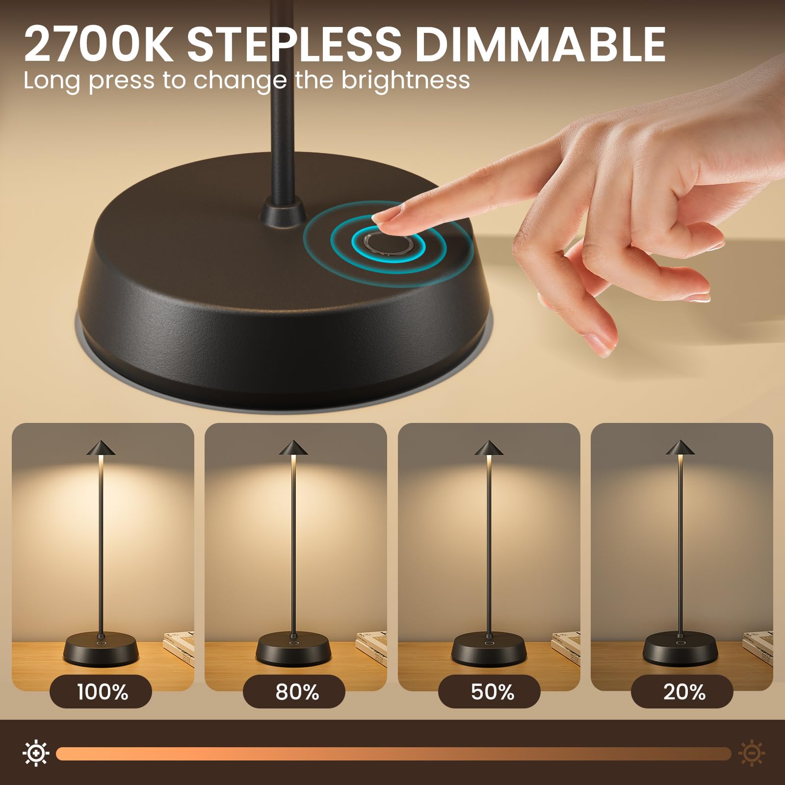Jesiley Small Cordless Led Table Lamp Rechargeable Desk Lamp Battery Operated 6000Mah Touch Dimmable Lamp Ip54 Waterproof Portable Wireless Table Light For Home Restaurant Bar Indoor/Outdoor (Black-2Pc)