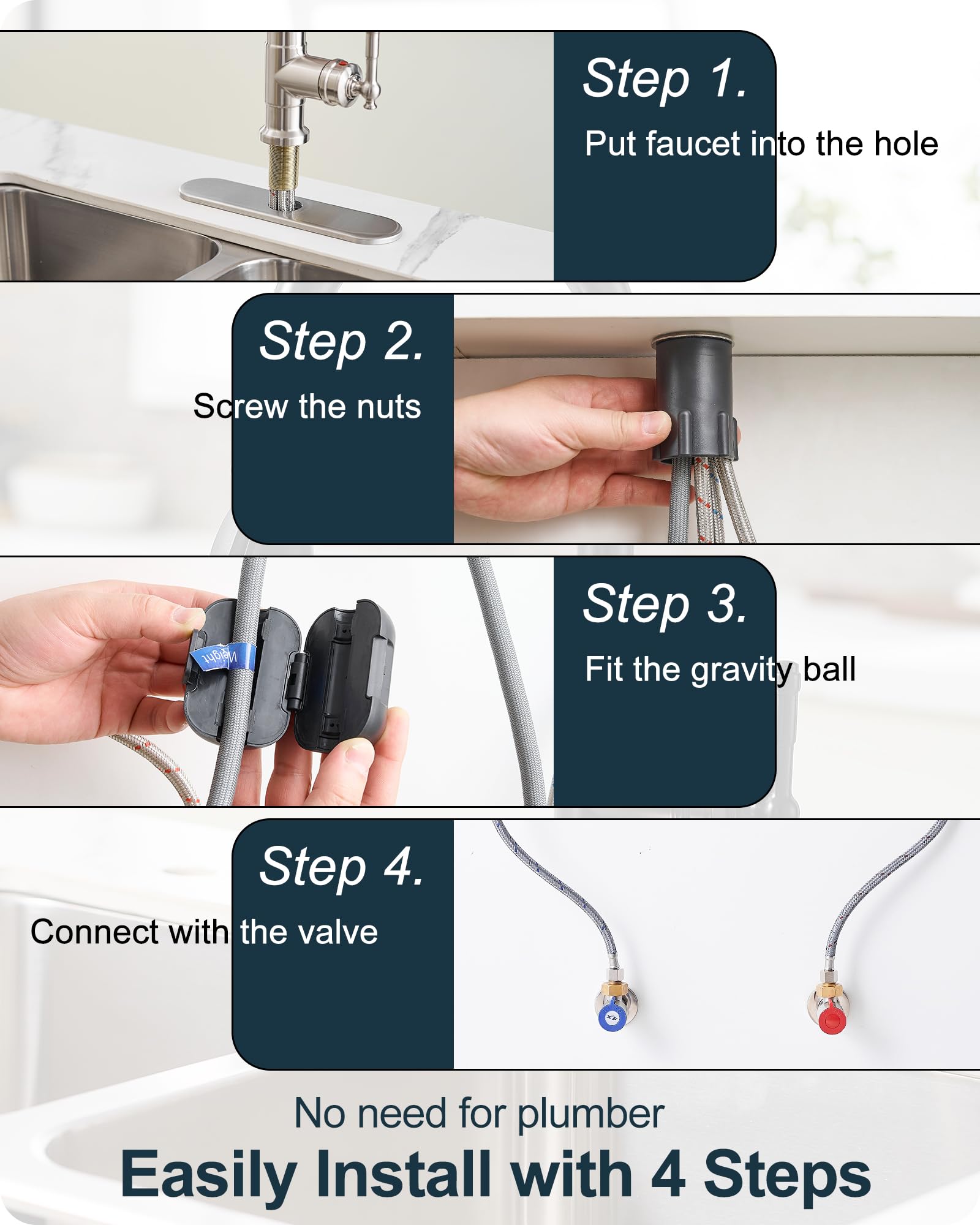 Heymytap Brushed Nickel Kitchen Faucet With Sprayer, 3 Modes Pull Down Kitchen Sink Faucets, 304 Stainless Steel Suit 3 Hole Or 1 Hole With Deck Plate & Pipes