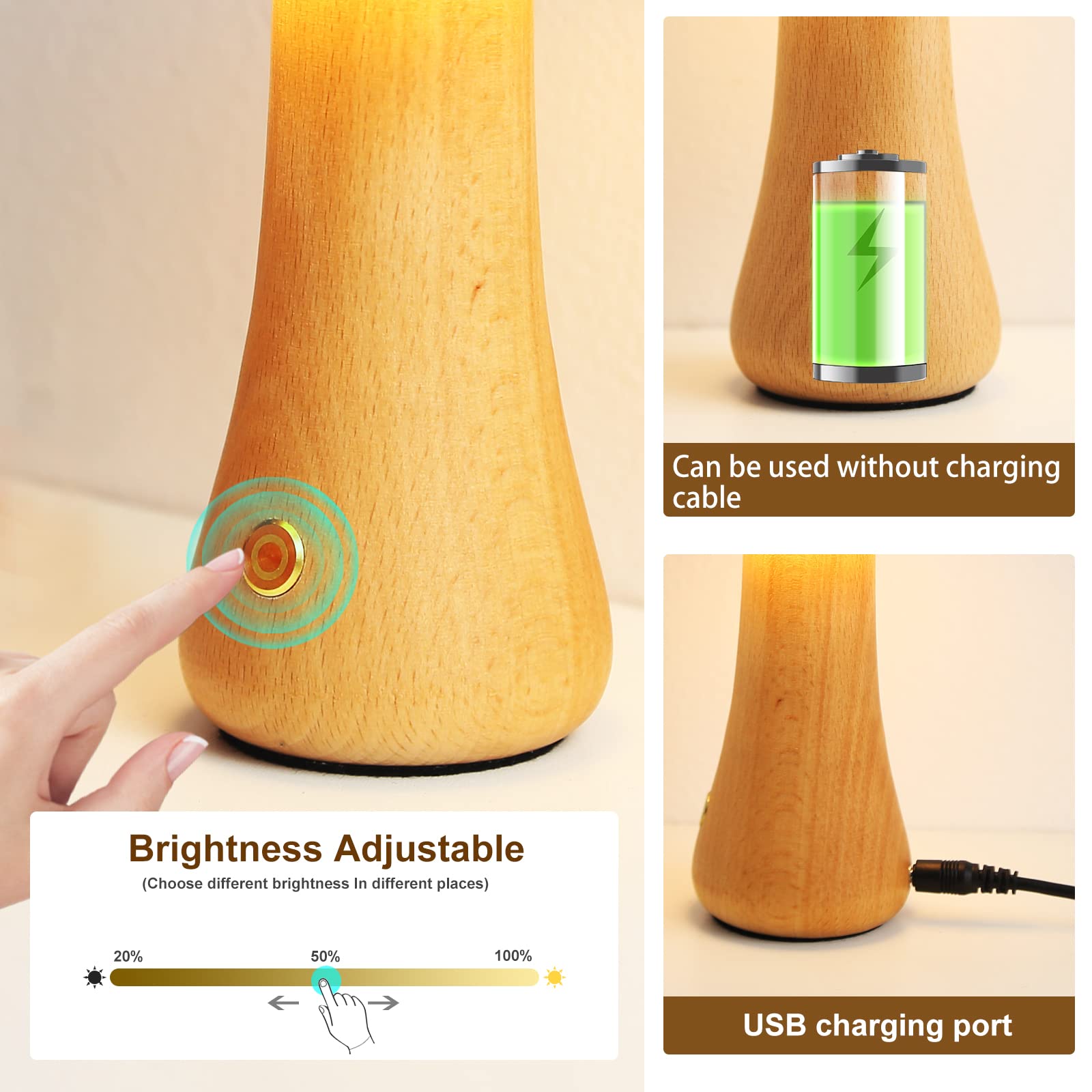Mihoho Mushroom Lamp For Bedroom, Portable Dimmable Bedside Lamp With Usb Charging, Cordless Wooden Nightlight, Mushroom Table Lamp For Home Decor (Large, Beech A+)