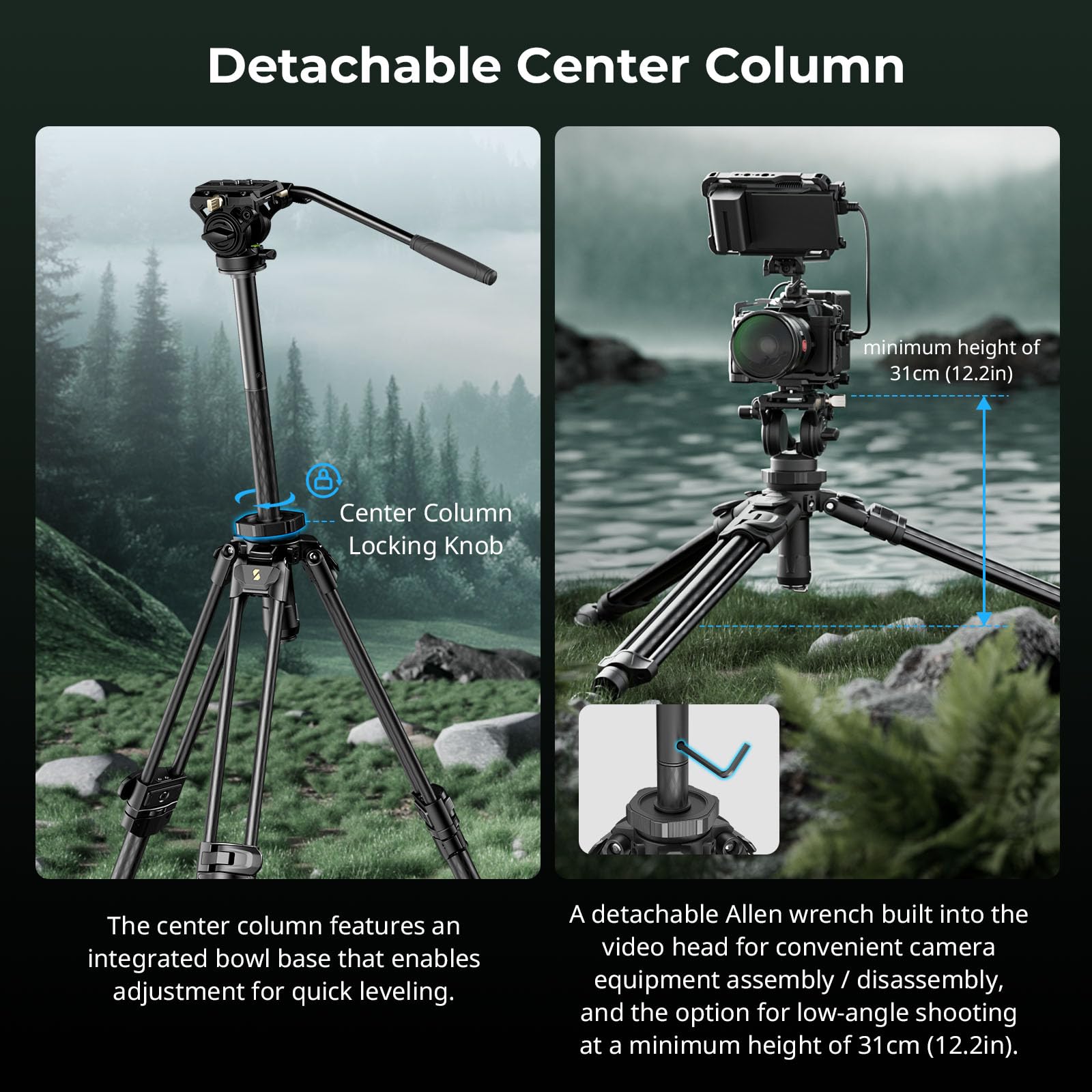 Smallrig Ad-50Pro Heavy Duty Video Tripod, Carbon Fiber Lightweight Tripod With speed One-Step Height Adjustment, Fluid Head, Dual-Mode Qr Plate, Center Column, Weight 7Lb, Load Up 13.2Lb-4420