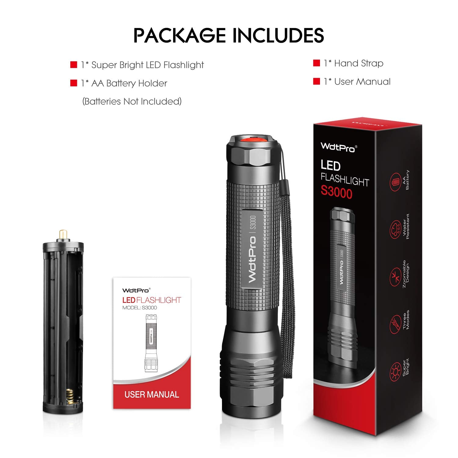 Wdtpro High-Powered Led Flashlight S3000, Super Bright Flashlights - High Lumen, Ip67 Water Resistant, 3 Modes And Zoomable For Camping, Emergency, Hiking,