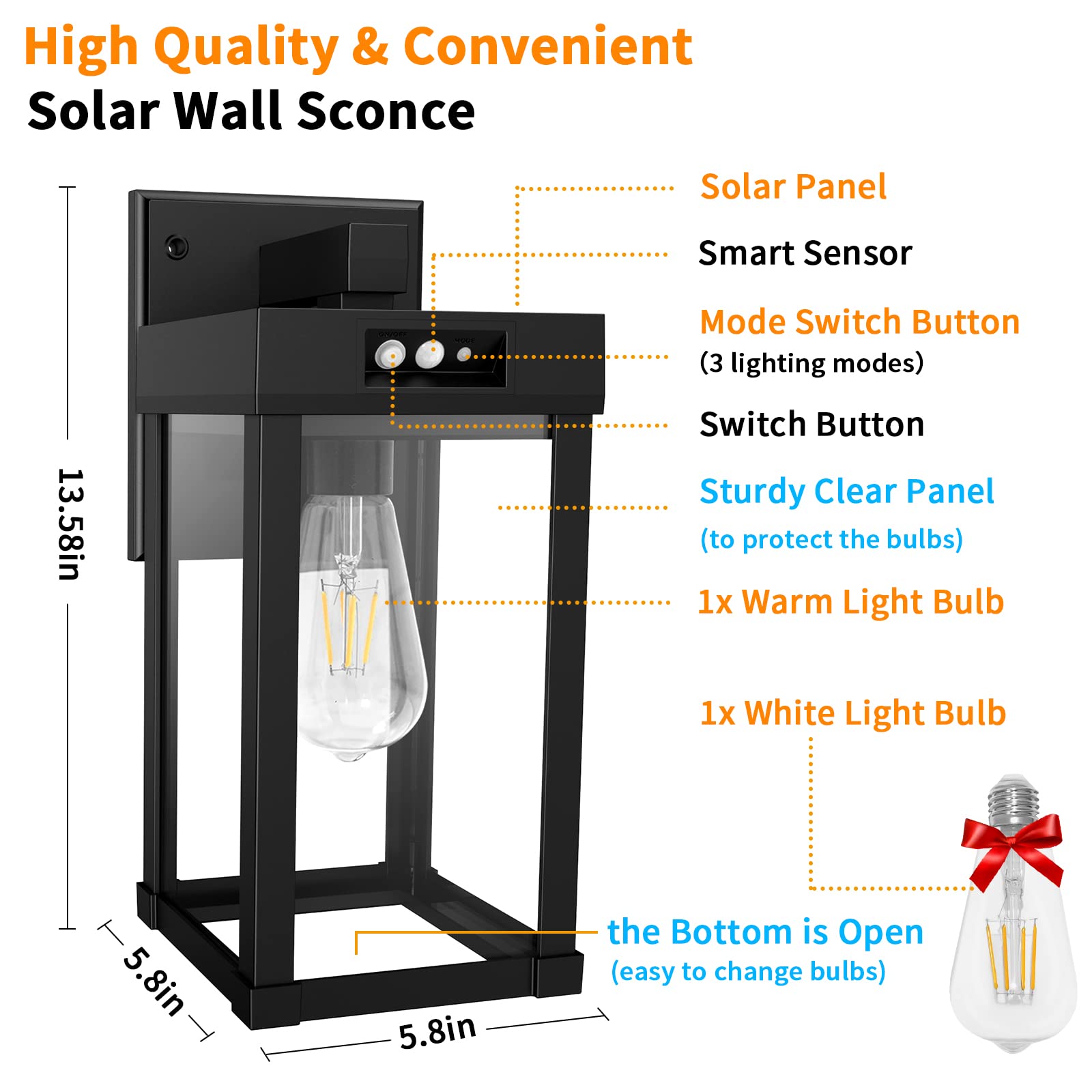 Aqonsie Solar Wall Lights Outdoor With 3 Lighting Modes & Motion Sensor, Solar Porch Light With 2 Bulbs, Waterproof Outdoor Wall Sconce Lantern Lamp Fixture For Garage Porch Shed Barn Yard Garden Front Door