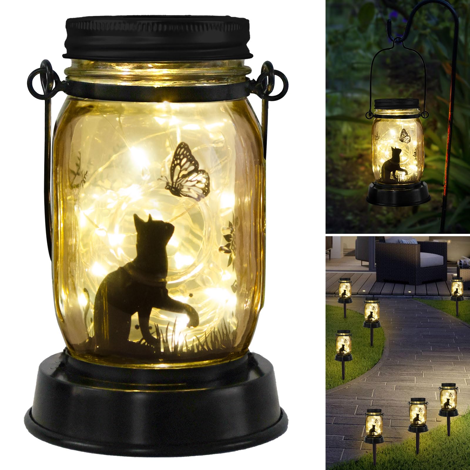 Jobosi Cat Butterfly Solar Light, Fairy Lantern Garden Lights, Jar Bottle Light, Solar Lanterns Outdoor Garden Decor, Mom Gift, Grandma Gift,  For Mother, Cat Lover
