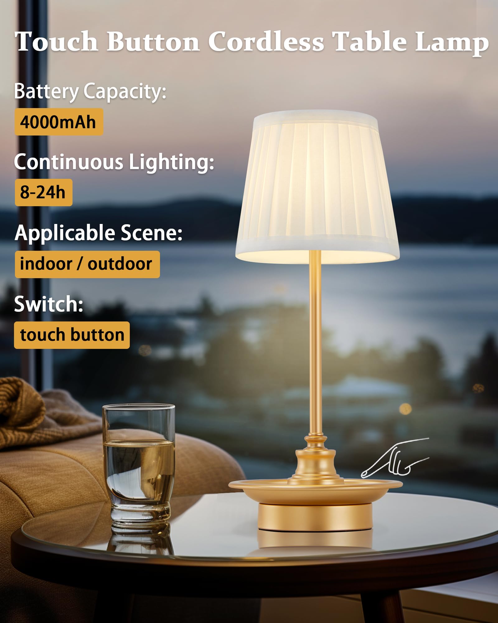 Gyrovu Cordless Table Lamp Rechargeable, Battery Operated Led Table Lamps, Portable Touch Wireless Lamp, 3-Level Brightness Small Bedside Table Lamp Bedroom Ambient Lamp For Restaurant (Fabric Shade)