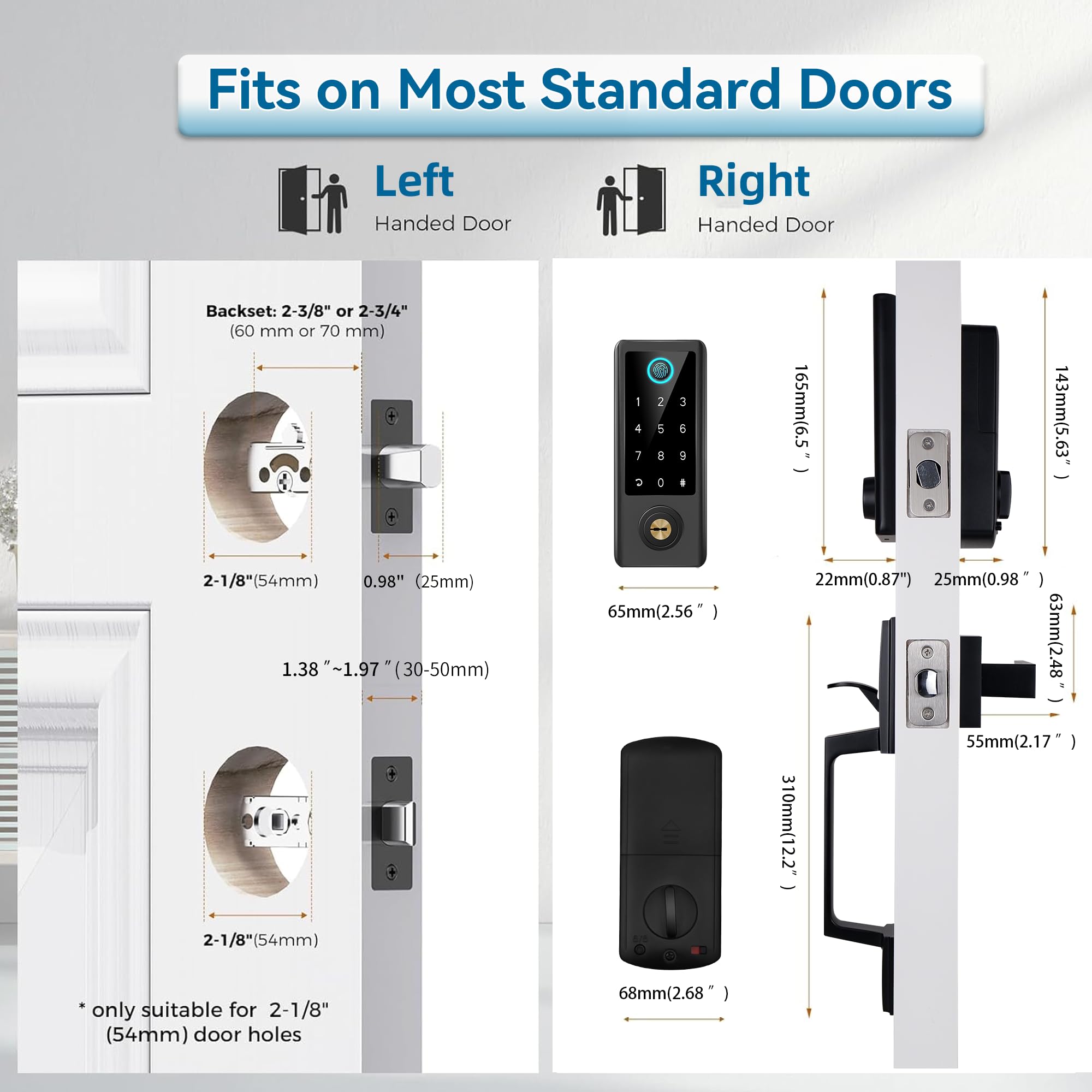 Bebasia Fingerprint Door Lock With Handle Sets, Keyless Entry Door Lock, Bluetooth Front Handle Set, Smart Deadbolt, Electronic Keypad Digital Lock With Handle, Black
