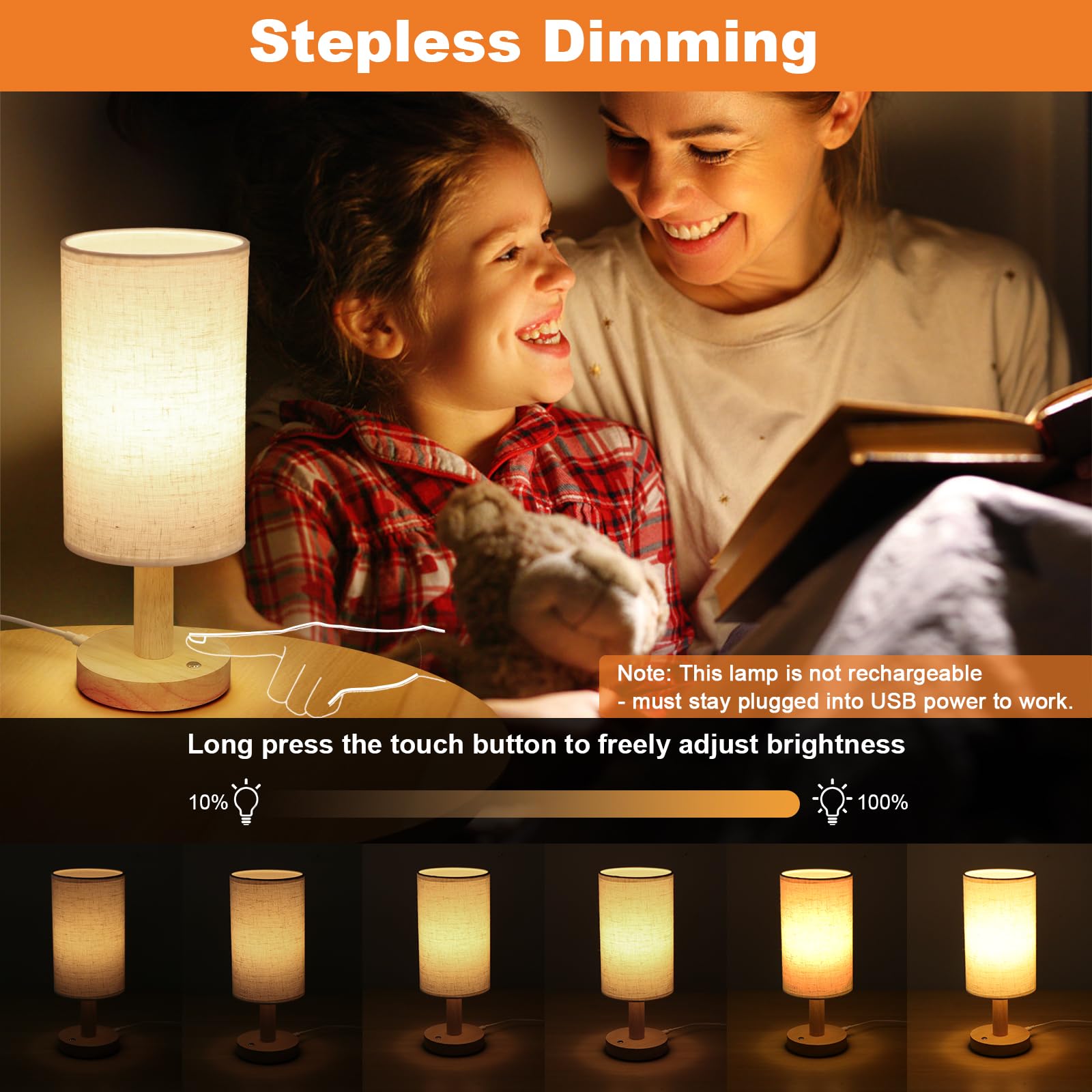 Seensiny Small Corded Touch Bedside Table Lamp With Stepless Dimming, Natural Round Wood Base & Linen Fabric Shade, Usb-Powered Cozy Ambient Night Light For Bedroom, Nightstand,Kitchen, Nursery,Camping