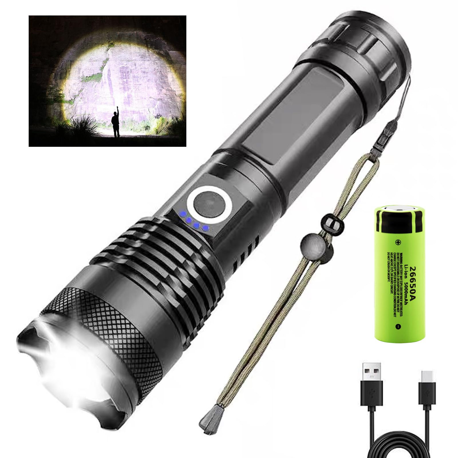 Ezolife Flashlight Rechargeable Zoomable Adjustable Brightness 10000 High Lumens 1200 Meters Long Beam Super Bright Led Flash Light With Power Display Waterproof For Camping,Christmas  (2400Mah)