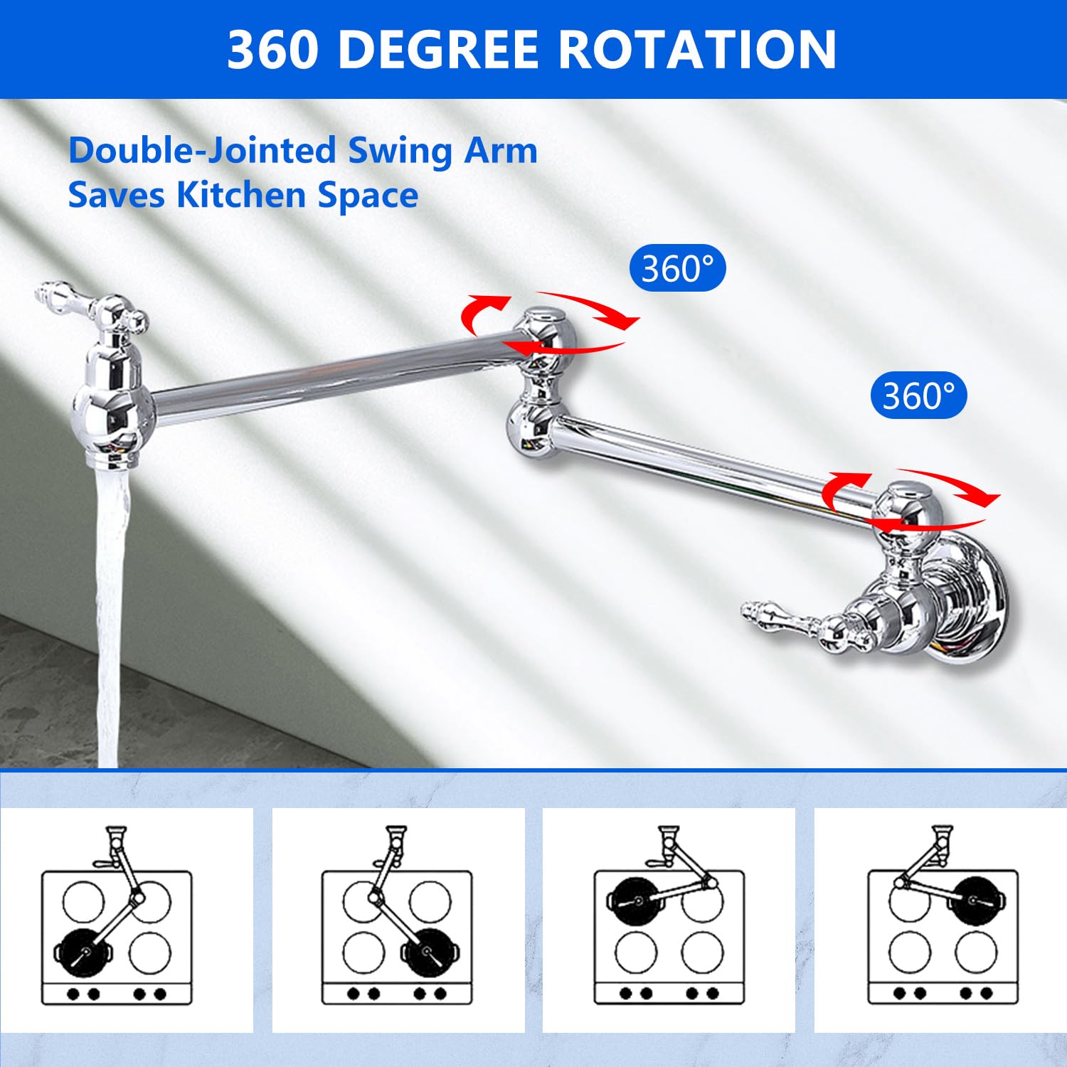 Vacolitel Pot Filler Wall Mount Folding Stretchable Kitchen Restaurant Faucet Brass Pot Filler Double Joint Swing Arm Two Handles (Chrome)