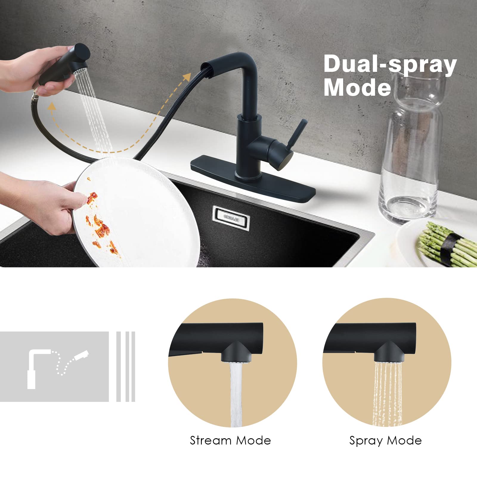 Peppermint Matte Black Kitchen Sink Faucet With Pull Down Sprayer Single Lever Black Kitchen Faucet With Pull Out Spray Low Profile Faucet For Kitchen Sink