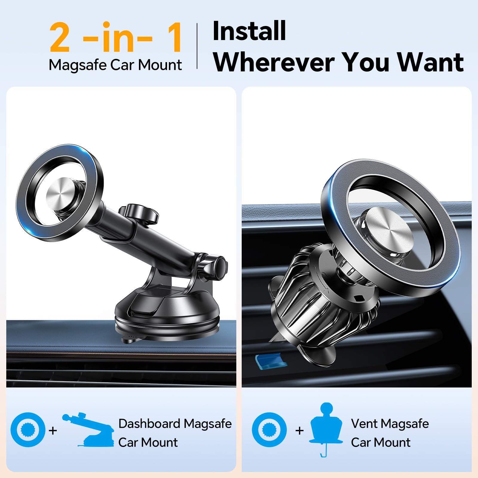 Romuto For Magsafe Car Mount【Strongest Magnet】 Magnetic Phone Holders For Your Car Dashboard Wind Vent Cell Phone Holder【360° Rotation】 Suction Car Mount For Iphone 16 15 14 13 12 Grey