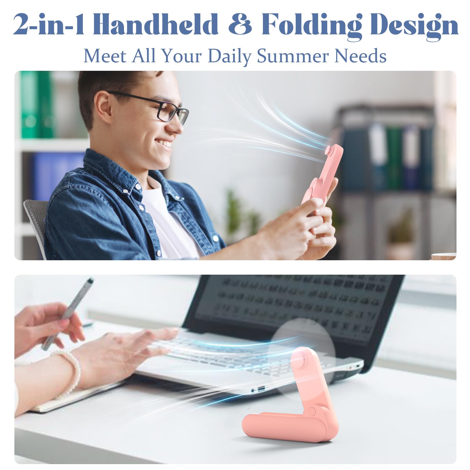 Portable Handheld Fan, 2 In 1 Mini Hand Fan, Battery Operated [8-15 Working Hours], Usb Rechargeable