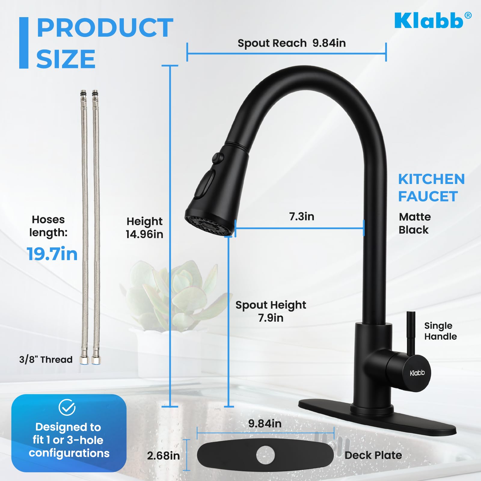 Klabb Kitchen Faucet, Matte Black Single Handle Brass Pull-Out Faucet With Sprayer & Deck Plate, Durable & Easy To Install For Kitchen Sink