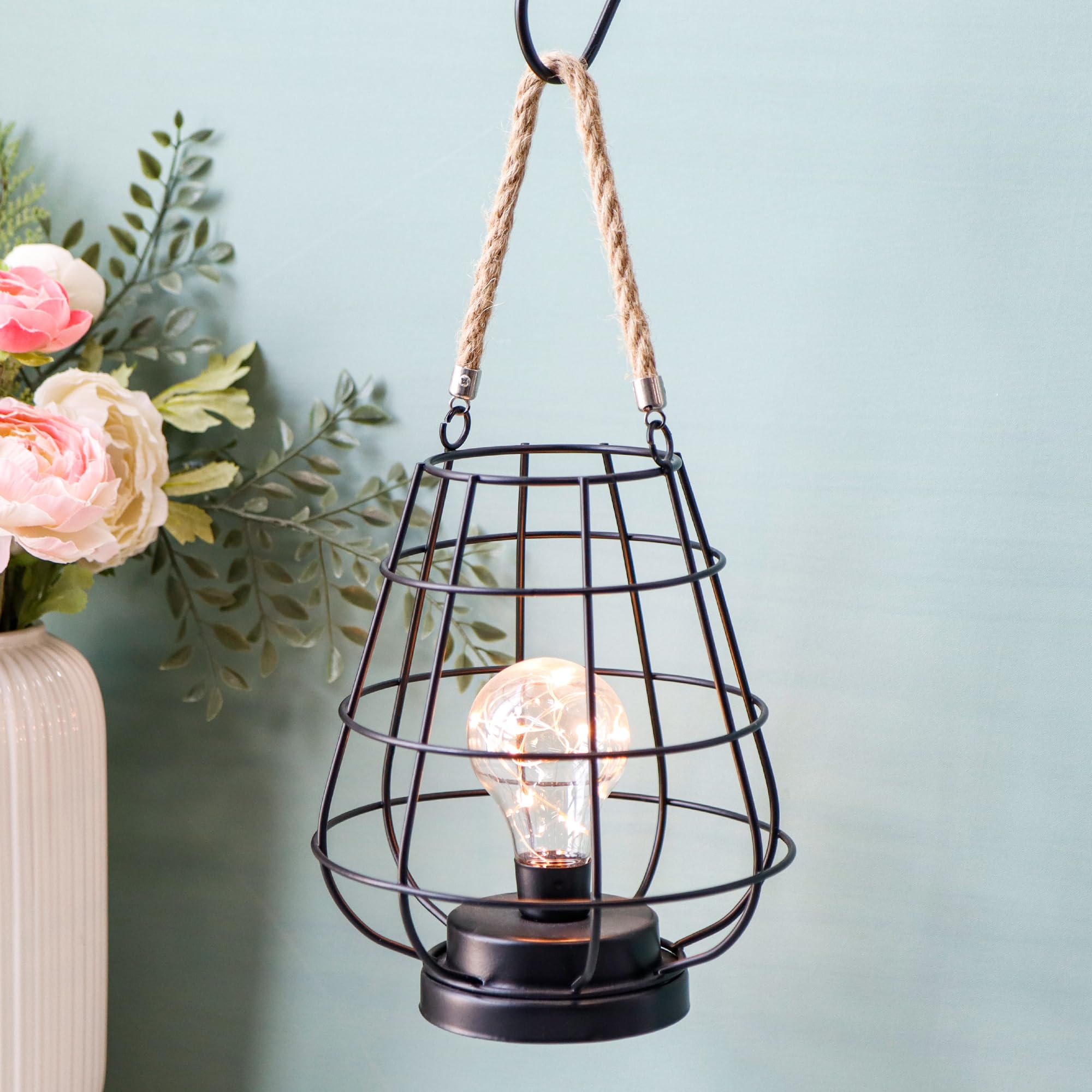 Jhy Design 8.5" H Cage Bulb Lantern Decorative Table Lamp Battery Powered Cordless Light With Warm White Fairy Lights Led Edison Bulb Lamp For Living Room Bedroom Home Wedding(Black)