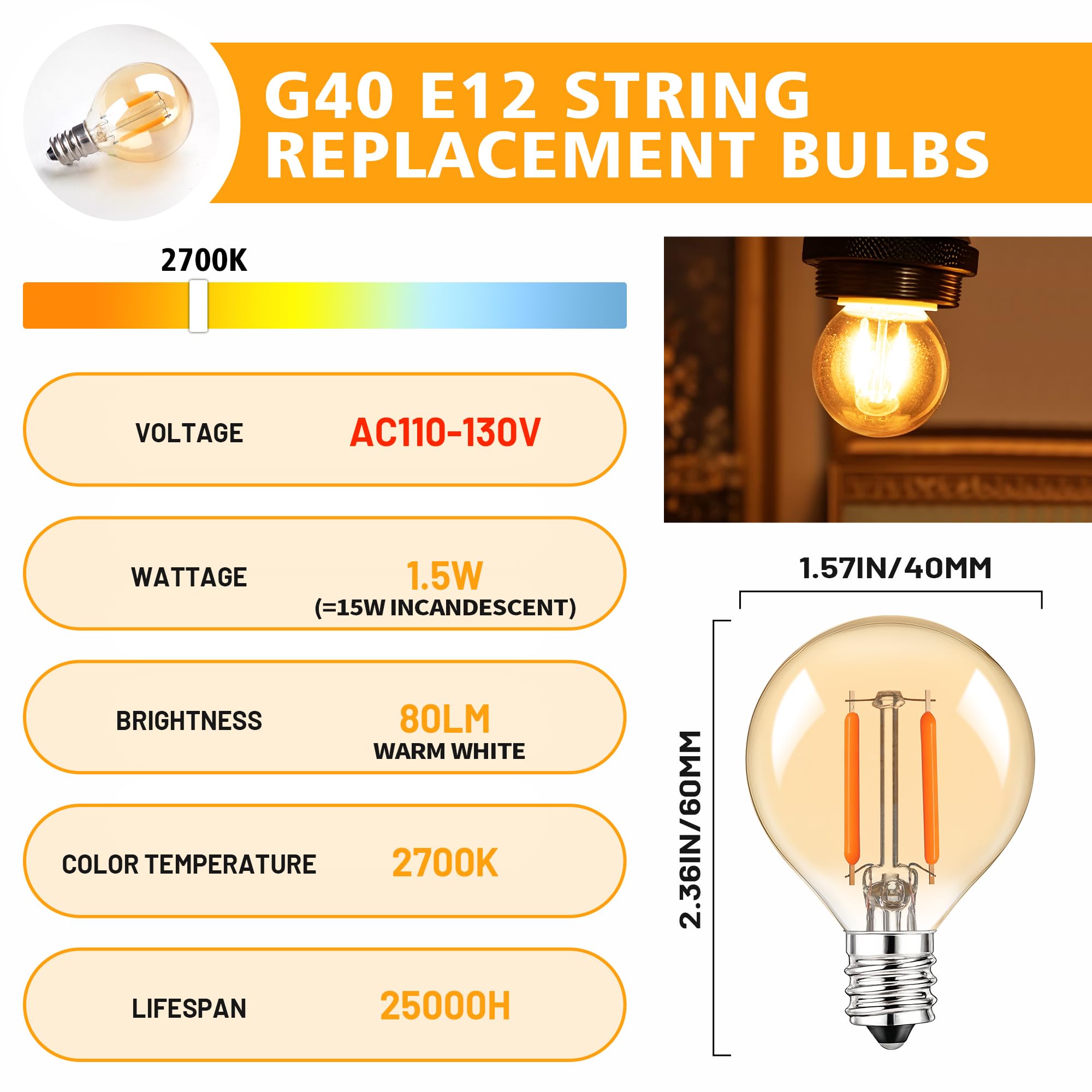 Guangyue 25Pack G40 Amber Glass Led Replacement Bulbs, 1.5W Equivalent 15W E12 Screw Base Shatterproof Globe Light Bulb For Indoor & Outdoor String Lights, 2200K Warm White