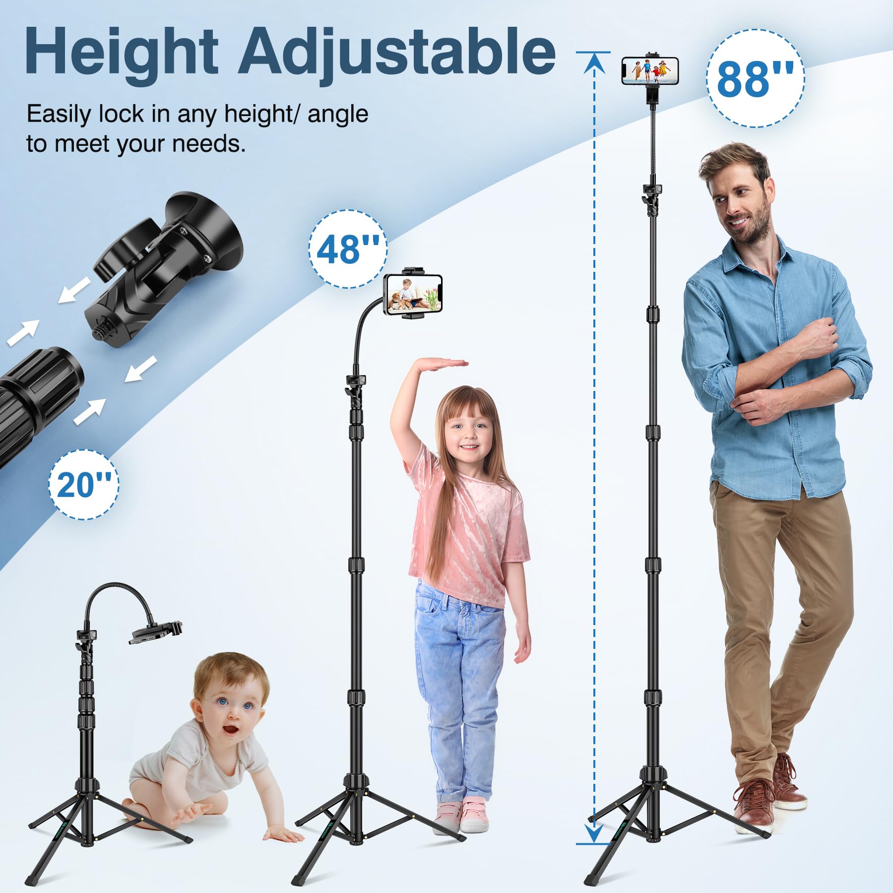 Nineigh 88" Tripod For Iphone, Phone Tripod With Gooseneck And Remote, Portable Cell Phone Tripod Compatible With Smartphone/Camera/Gopro, Iphone Tripod Stand For Video Recording Selfies Vlogging
