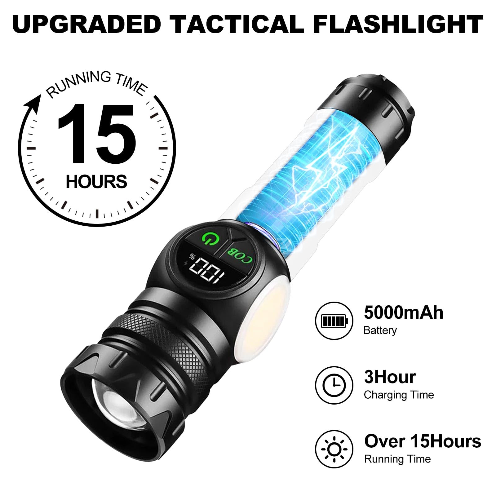 Iodoo 3 In 1 Rechargeable Flashlight True 5000 Lumens Outdoor Strong Cob Light, 5000Mah Zoomable Beam Led Flash Light With Magnet Power Failure Emergency Survival Kits Snowstorm (Standard)