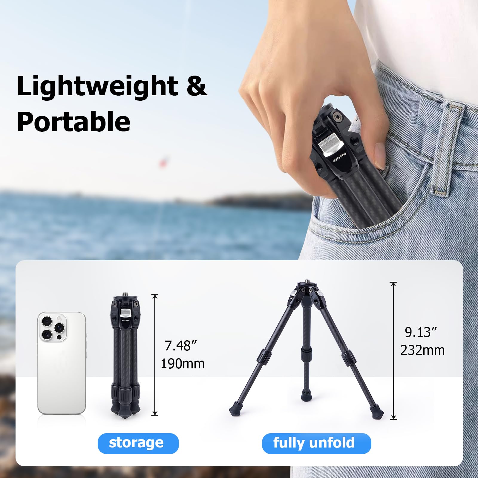 Mechrig Carbon Fiber Tripod With 3-Stage Angle Adjustment, Retractable Lightweight Handheld Stand For Dslr Mirrorless Camera Vlogging – 1/4” Screw & Snow-Ready Spiked Feet-6