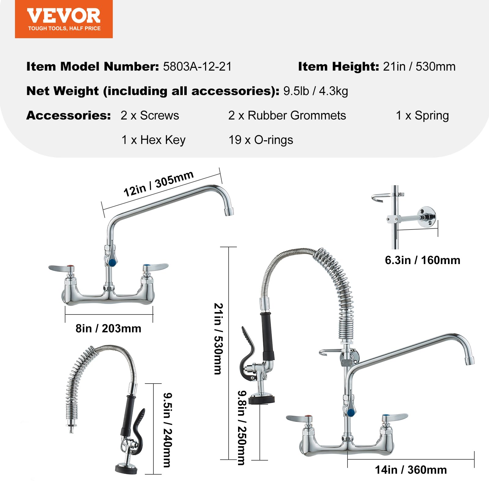 Vevor Commercial Faucet With Pre-Rinse Sprayer, 21" Height, 8" Center, 12" Swing Spout, Wall Mount Kitchen Sink Faucet, Brass Constructed Device With Pull Down Spray, For 1/2/3 Compartment Sink