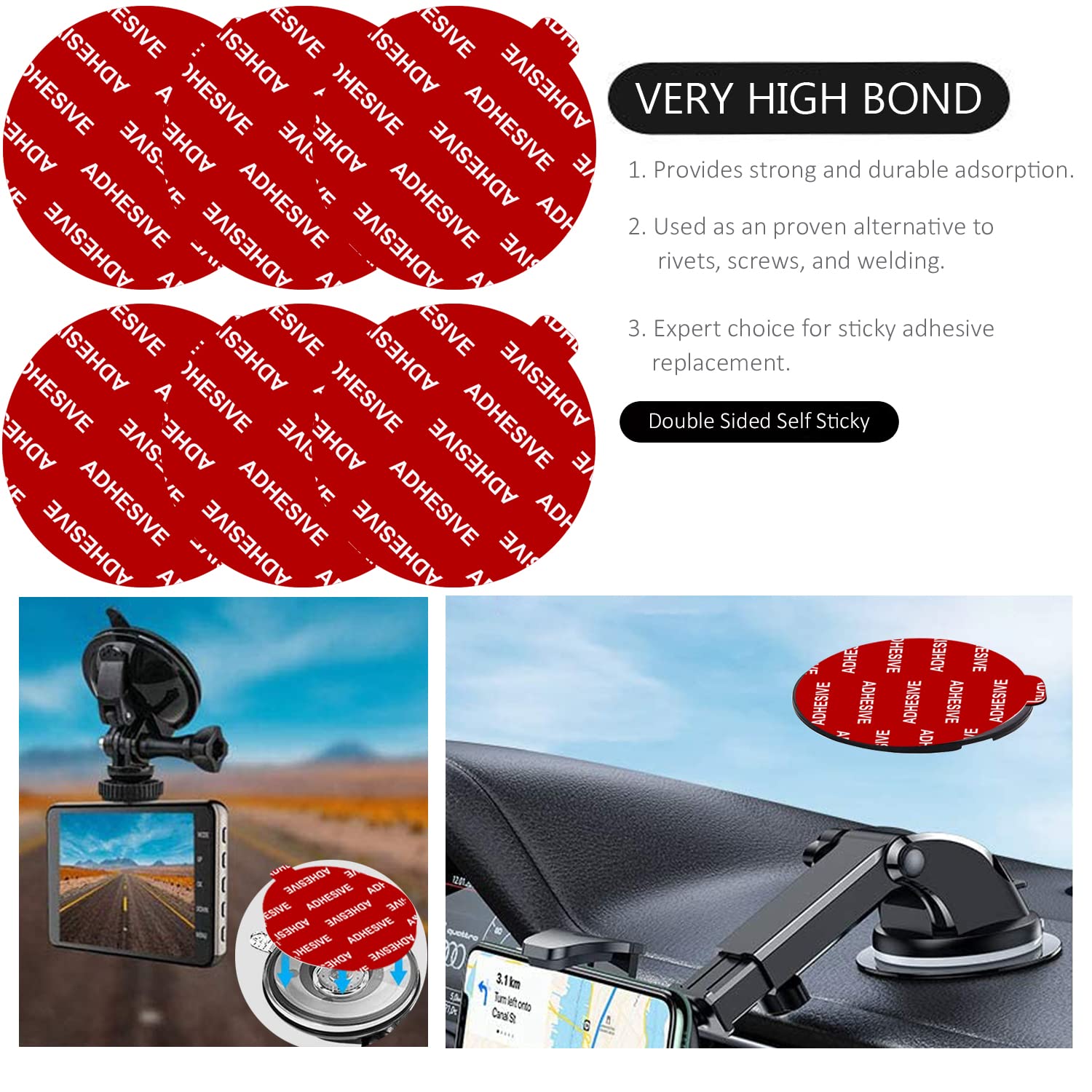 Pkyaa Dashboard Pad Mounting Disk Sticky Adhesive Replacement Kit, 6Pcs 3.15"(80Mm) Circle Heat Resistant Double-Sided Stickers For Suction Cup Car Phone Holder Disc & Windshield Dash Cam