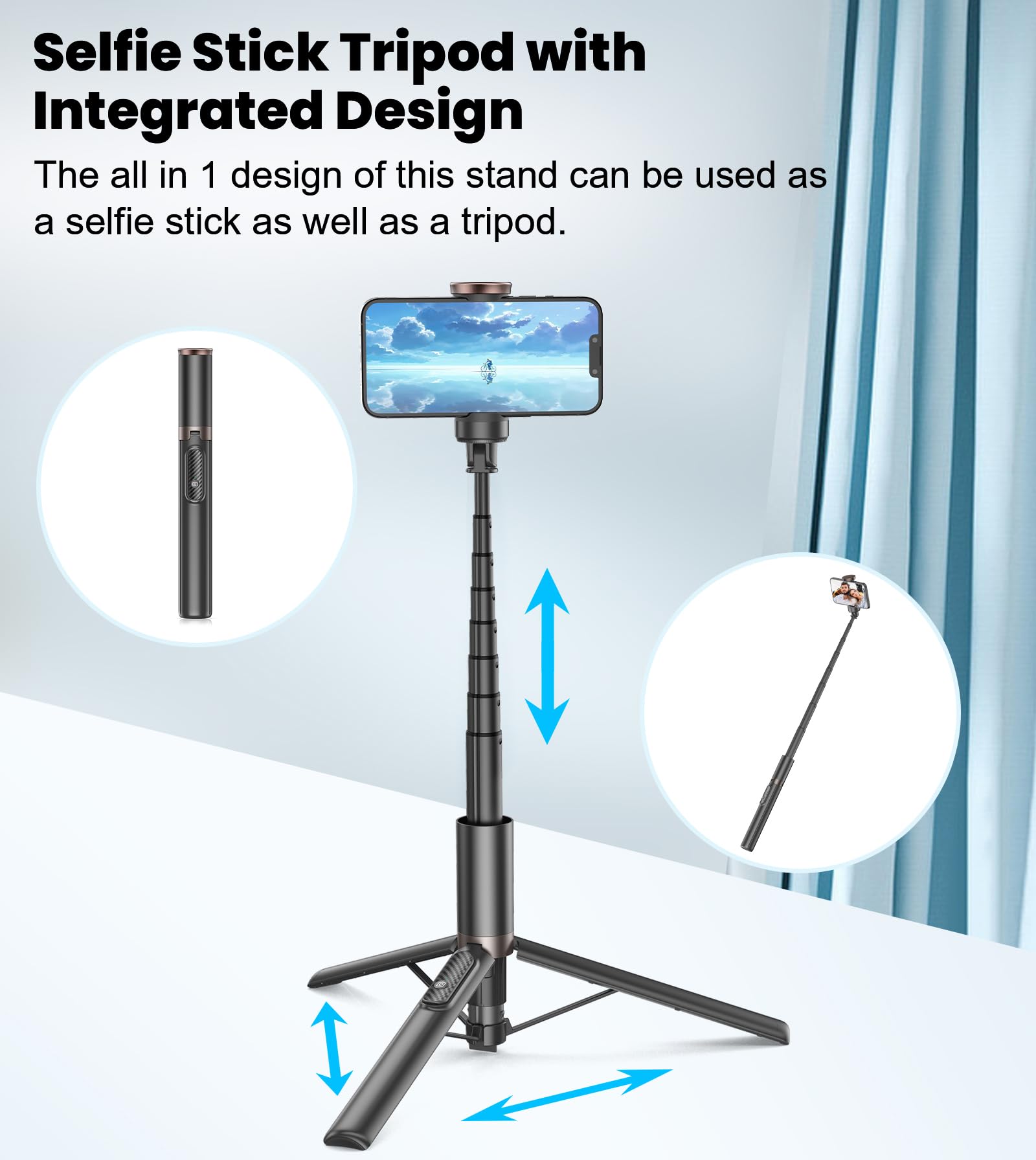 Toneof 60" Selfie Stick Tripod For Video,All-In-1 Extendable Cell Phone Tripod Stand With Integrated Remote,360° Rotate Lightweight & Portable Tripod For 4-7” Iphone/Android/Photo & Video Kits/Travel
