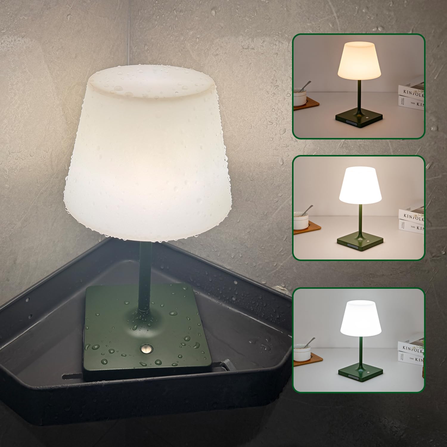 Mywellian Led Cordless Table Lamp Rechargeable,Outdoor Battery Operated Portable Desk Lamp,Shower Lamp Waterproof,4000Mah Led 3 Colors Dimmable Touch Night Lamps-Green