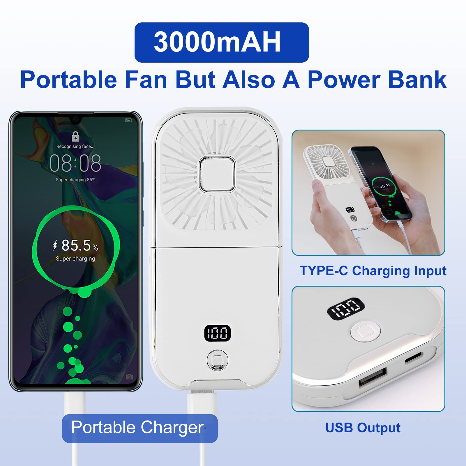 Portable Digital Display Personal Handheld Fan Foldable, Mini Quiet Usb Rechargeable Necklace Fans