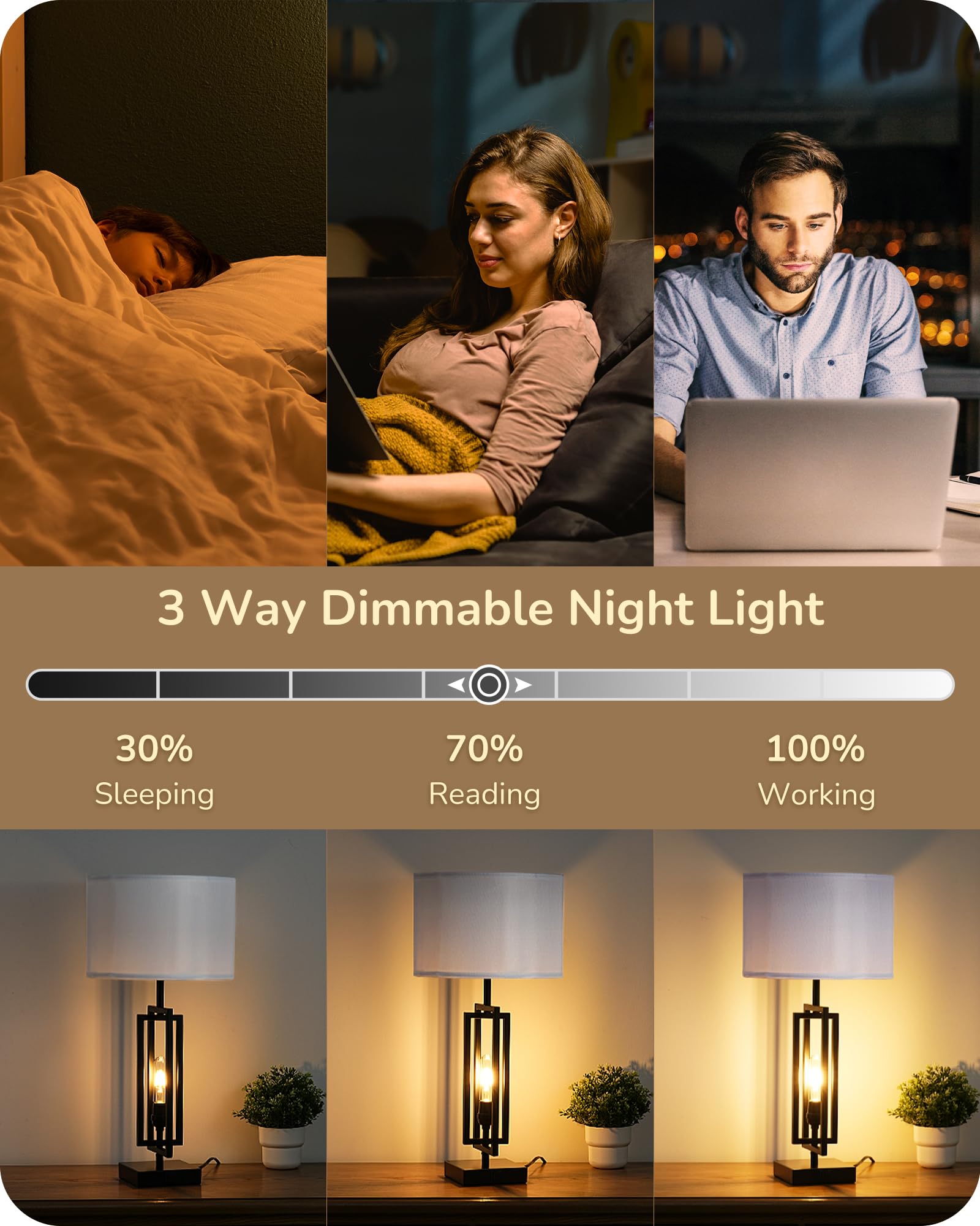 Edishine 25.6" Tall Table Lamp With Night Light, Farmhouse Bedside Lamp Set Of 2 With Usb Charging Ports, Touch 3-Way Dimmable Nightstand Lamp For Living Room, Bedroom, Home Decor