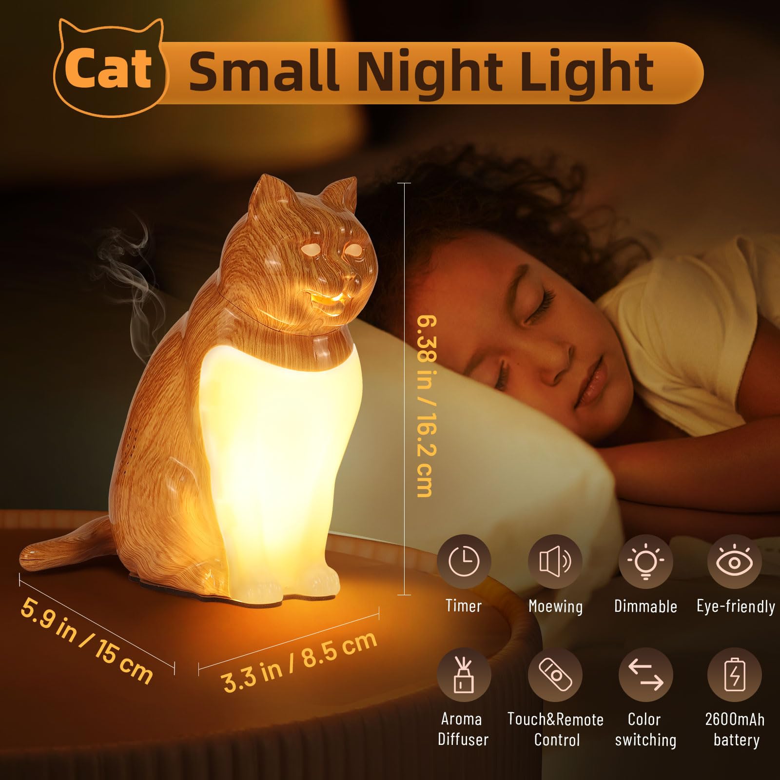 Czgor Small Cordless Lamp With Remote, Rechargeable Cat Table Lamp With Timer And Meowing, Touch Night Light With 3 Colors/Dimmer/Diffuser, Cat Lover For Women, Kids, Bedroom, Bedside