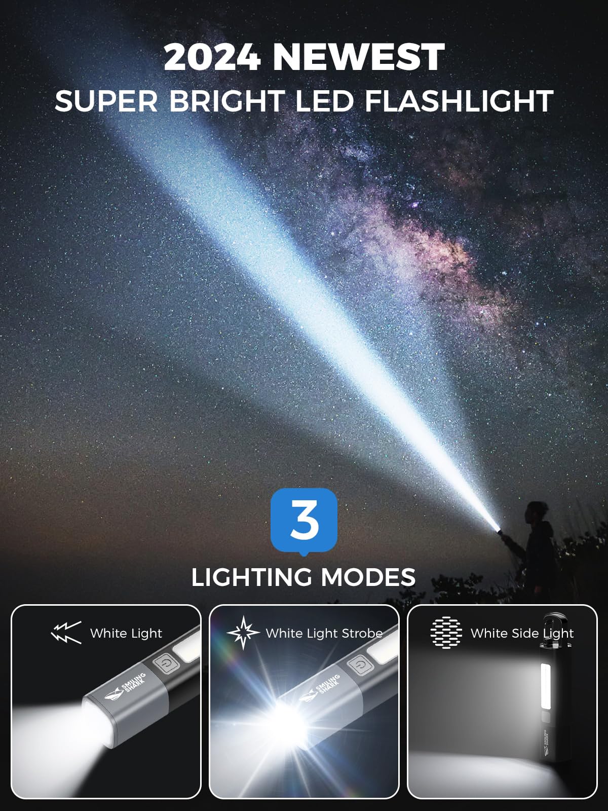 Smiling Shark Flashlight,2 Pack Recargeable Flashlights Led With 3 Modes & Hook And Zoomable & Waterproof 2-In-1 Flash Light And Side Light For Camping/Home/Emergency,G1 (Black)