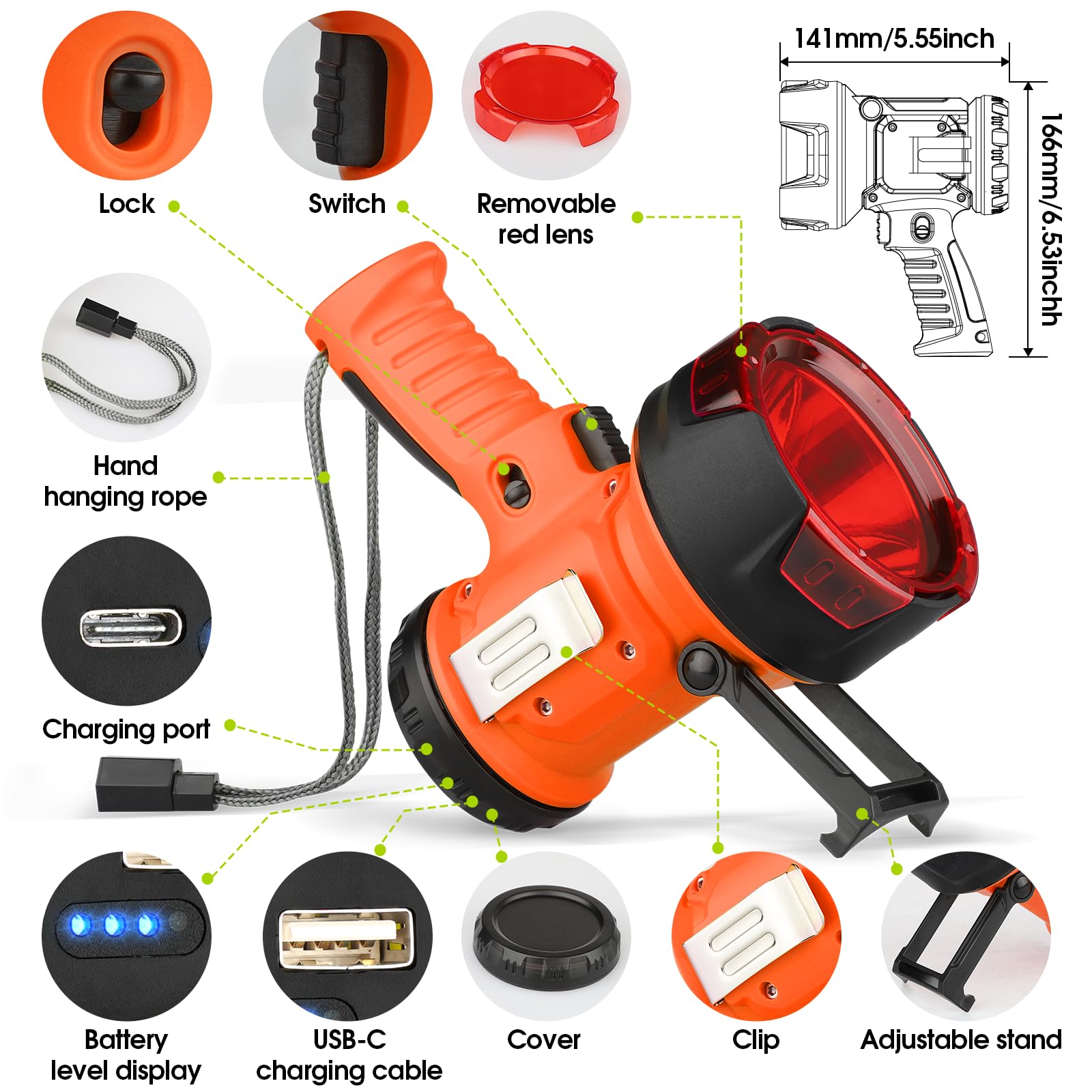 Wenfeng Rechargeable Spotlight Flashlight With 1000,000 Lumen Led, Ip65 Waterproof Searchlight Handheld Work Light With Foldable Stand And Red Lens- Orange