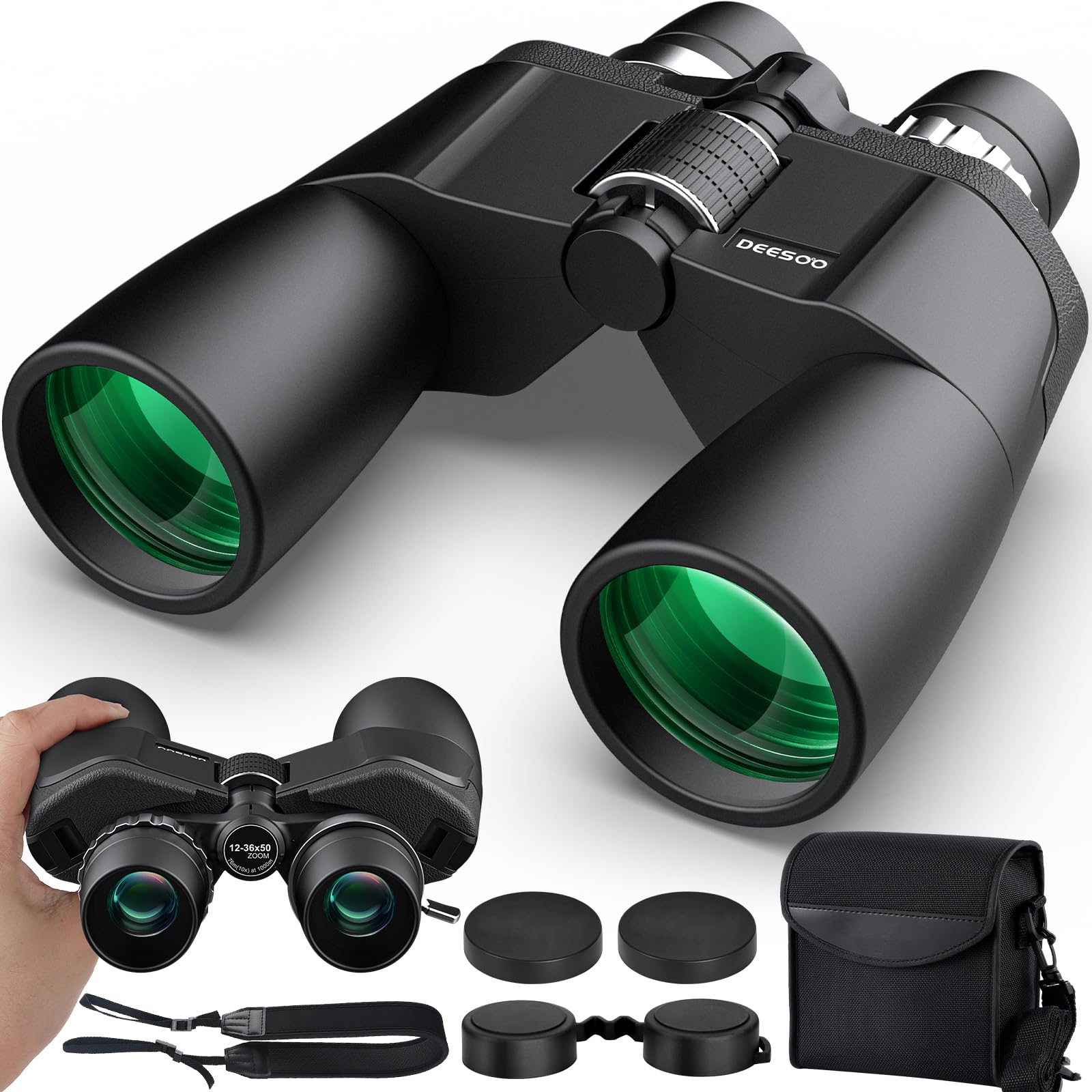 Deesoo 12-36X50 Hd Binoculars For Adults - High Powered Binoculars With Clear Low Light Vision For Bird Watching - Zoom Binocular With Large View For Hunting Cruise Ship Travel Hiking Opera