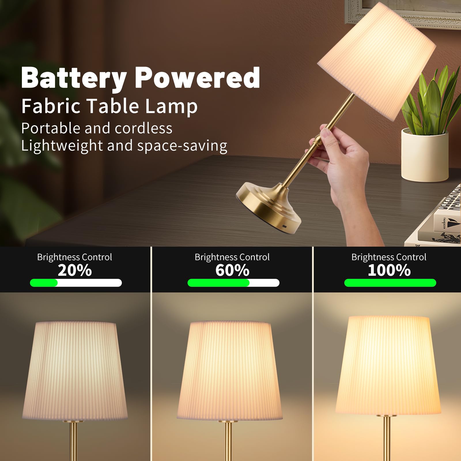 Hapygi Portable Metal Cordless Table Lamp，Built-In 5200Mah Rechargeable Battery, Dimmable Touch Small Bed Side Desk Lamp，Restaurant/Bedroom/Bar/Coffee/Night Light/Camping (Gold)