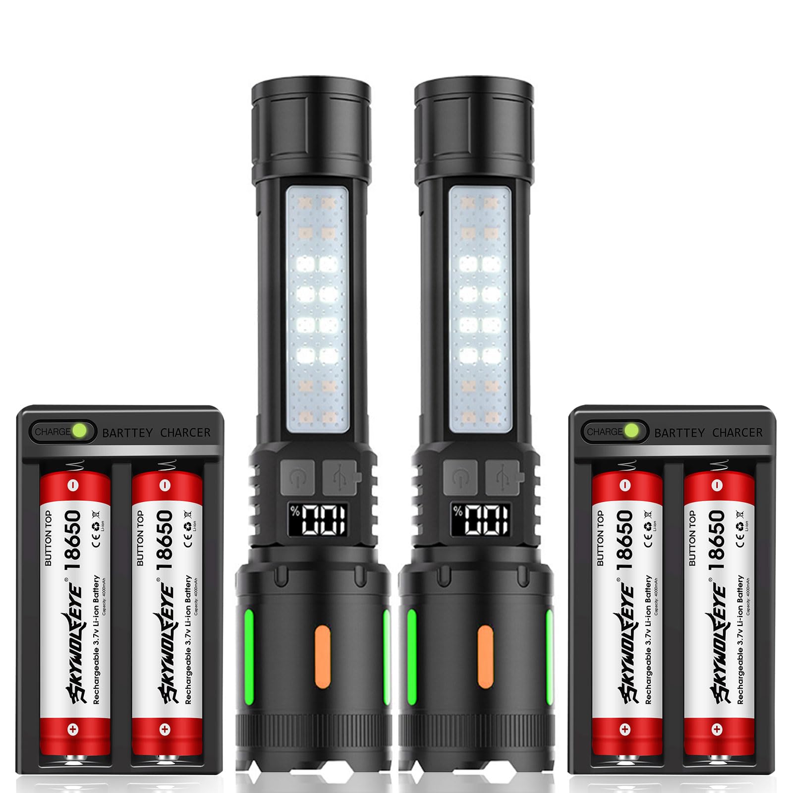 Skywolfeye 2 Pack 5 Modes Led Rechargeable 5000 High Lumens Flashlights, Super Bright Zoomable Flashlight Waterproof For Kids Camping，Emergencies