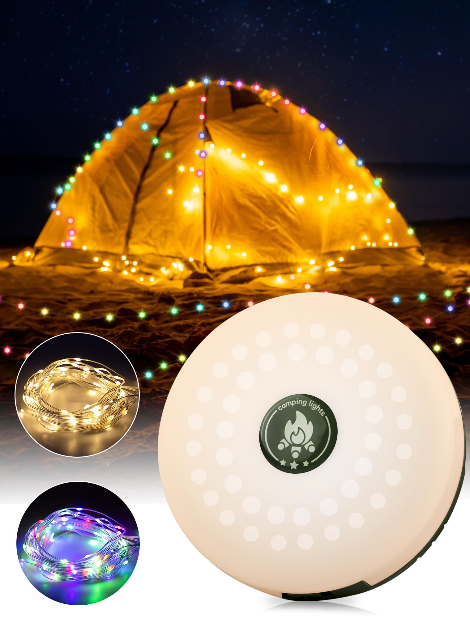 Aomees Rechargeable Rgb & Warm Camping String Lights, 32.8Ft 3 In 1 Tent Lamp With 8 Lighting Modes Ipx4 Outdoor/Indoor Hanging Led Fairy Lights For Tent/Truck Camping Trip, Yard, Xmas Party Decor (1)