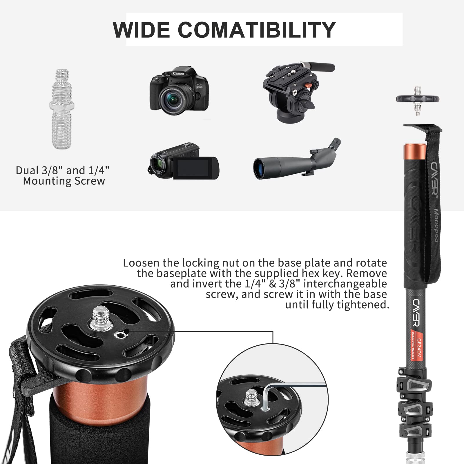 Cayer Carbon Fiber Monopod Leg, 68 Inch Camera Telescopic Video Monopod Tube With Feet, Compatible For Dslr Cameras And Camcorders