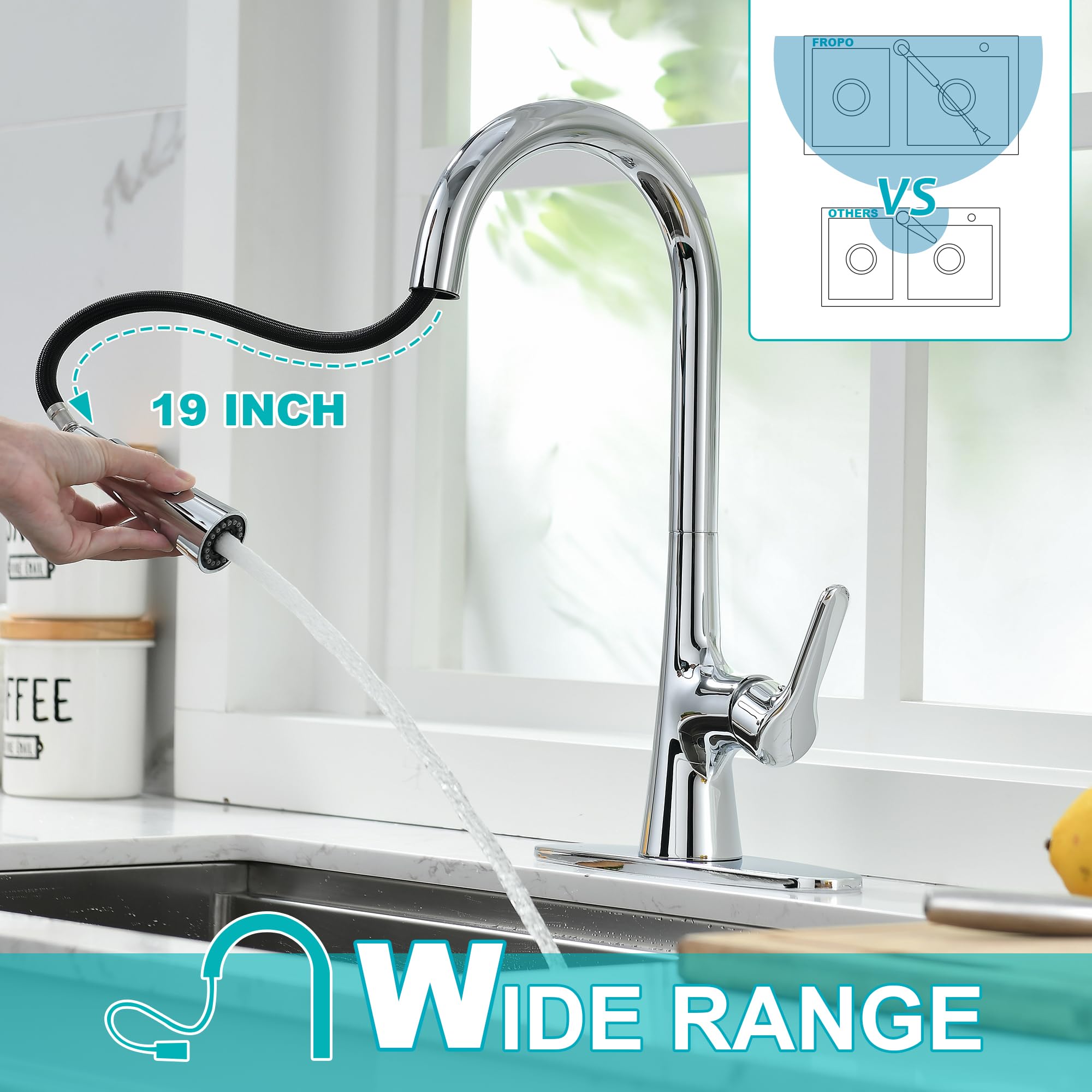 Fropo Kitchen Faucet With Pull Down Sprayer, Polished Chrome Kitchen Sink Faucet 1 Or 3 Hole, High Arc Single Handle Spot Resist Stainless Steel Kitchen Faucets For Farmhouse Camper Laundry Rv Bar