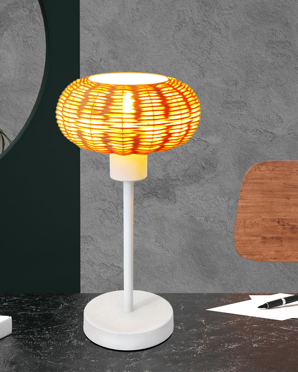 Techstarry Rattan Table Lamp Bamboo Woven Bedside Lamp Wooden Nightstand Light Lamp Desk Lamps For Reading, Yoga, Kids, Living Room, Office