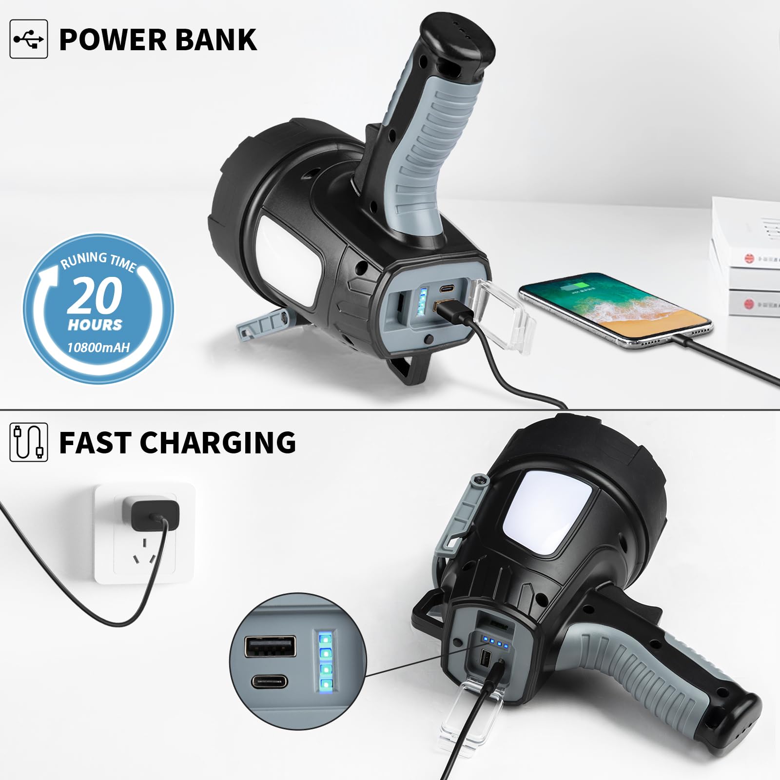 Crazybrace Rechargeable Spotlight Flashlight, 1000,000 Lumen Super Bright Led Spotlight With 6 Modes & Foldable Tripod, Powerful Spot Light 20H Long Runtime, Handheld Spot Light For Outdoor Boating Hunting