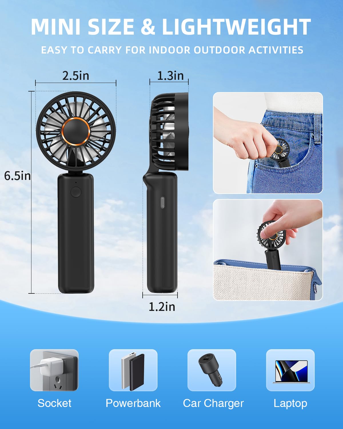 Portable Handheld Fan, Mini Desk Fan Foldable 2000Mah, 180° Ratotion, 3 Speeds, Ultra Quite