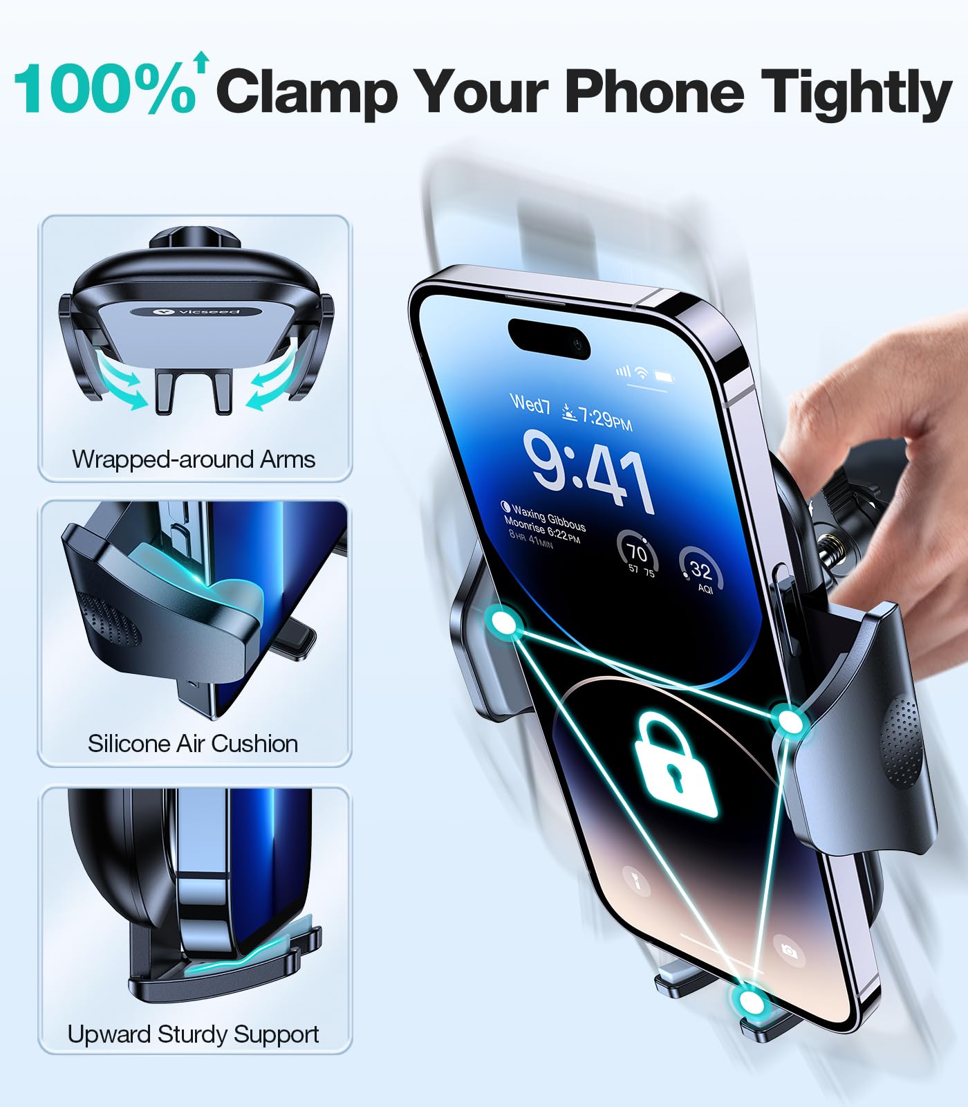 Vicseed Car Phone Holder Mount【Never Drop Clip】 Air Vent Car Cell Phone Mount Stand【Silicone Protect Vent & Phone】 Hands  Vehicle Cradle For Iphone 16 15 Pro Max Android All Smartphone