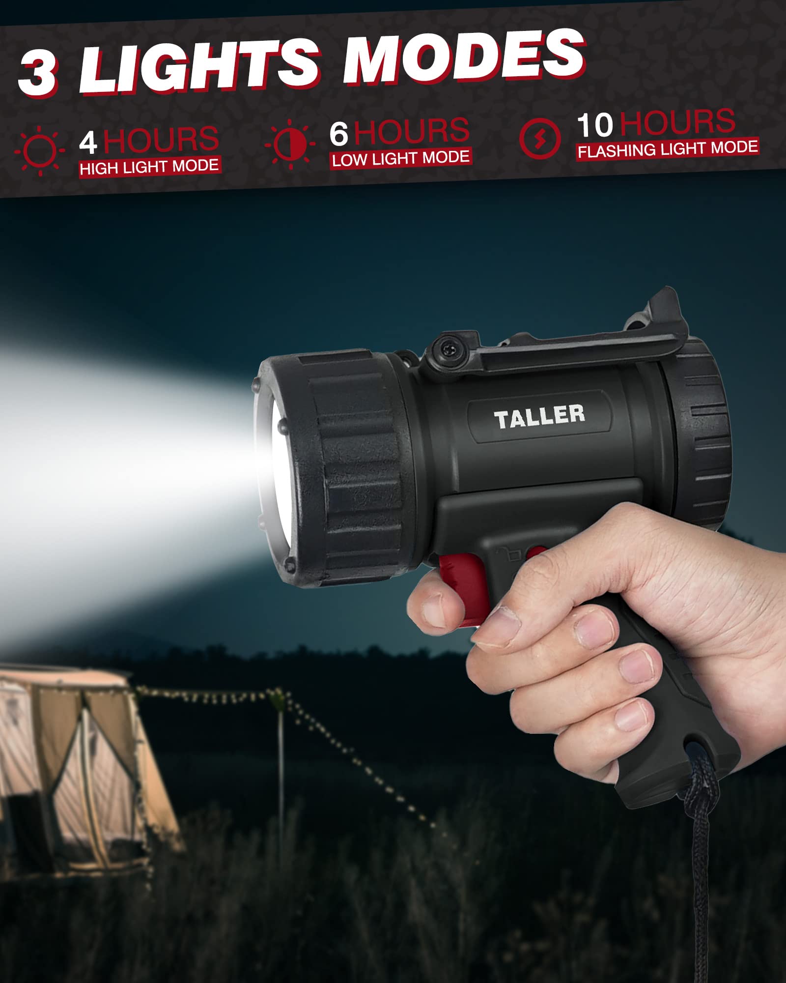 Taller  Rechargeable Spotlight Outdoor, Super Bright 10000Mah Hand Held Work Lights Flashlight Warning Lamp, Ipx7 Waterproof Lightweight Led Spotlight For Boat Camping, Hunting - Black