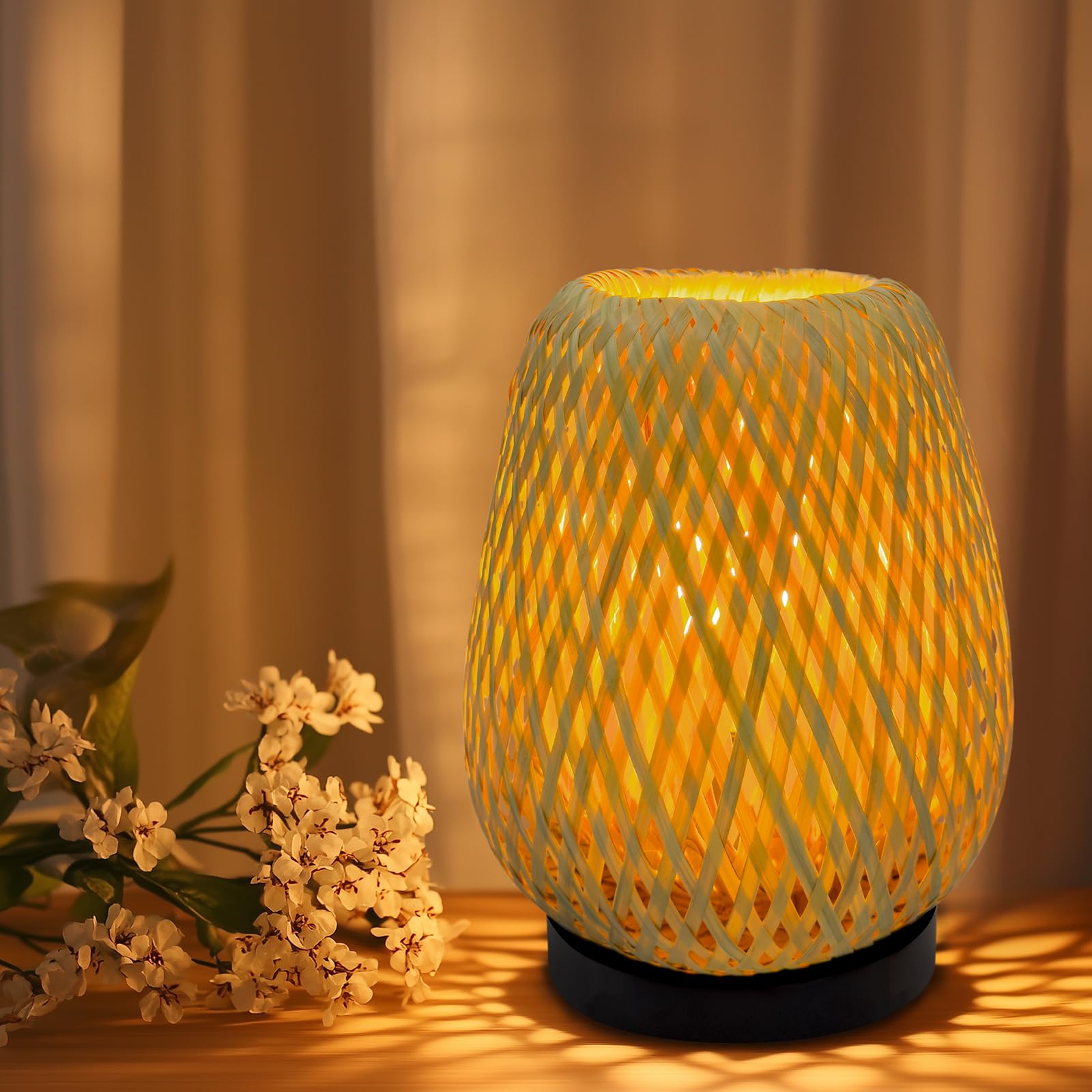 Jriceskiz Dimmable Rattan Table Lamp, Handmade Boho Woven Nightstand Lamp, Adjustable Warm Glow For Bedroom, Living Room, And Home Decor